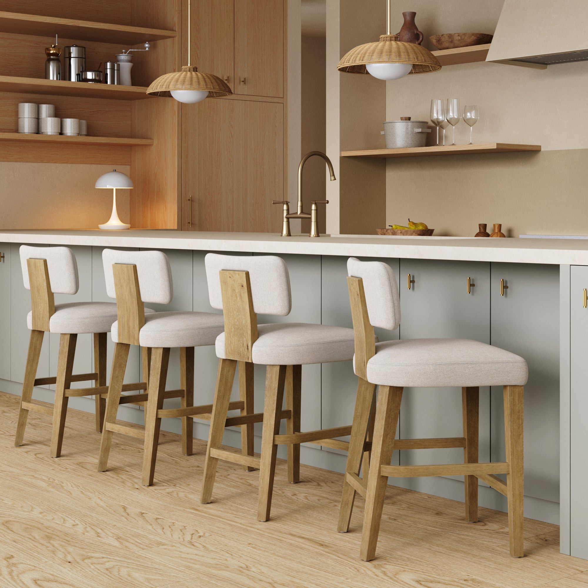 Modern Upholstered Stool with Bent Wood Back Flax/Light Brown (Set of 4) - Nathan James