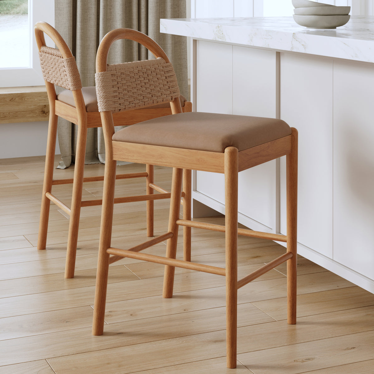 Modern Wood Seagrass & Faux Leather Counter Stool Brown (Set of 2)