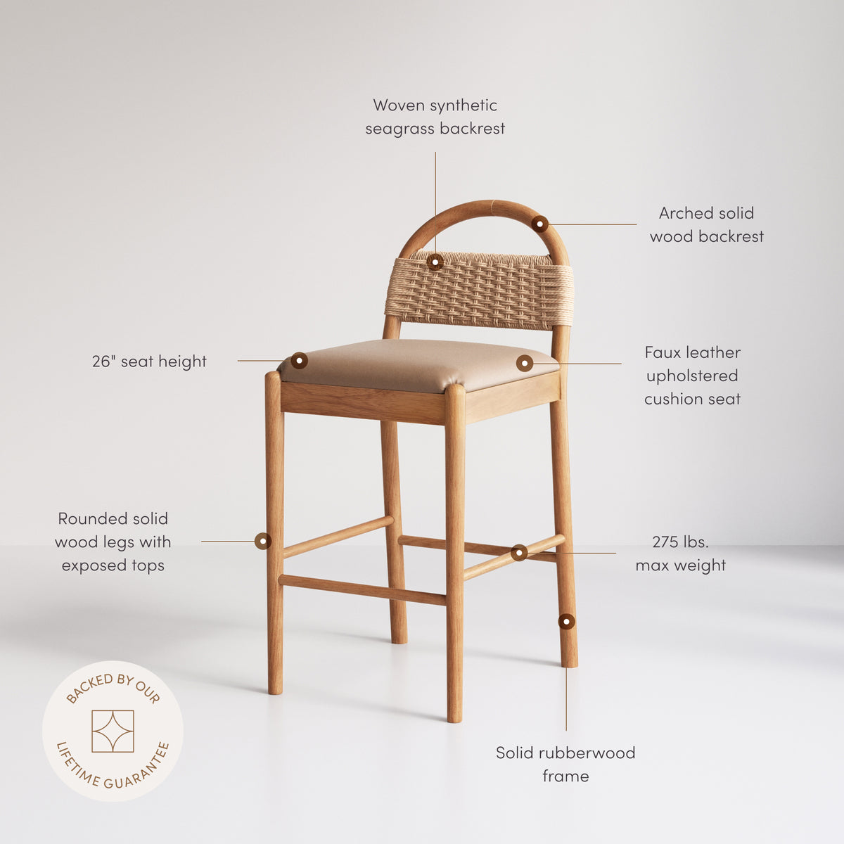 Modern Wood Seagrass & Faux Leather Counter Stool Brown (Set of 2)