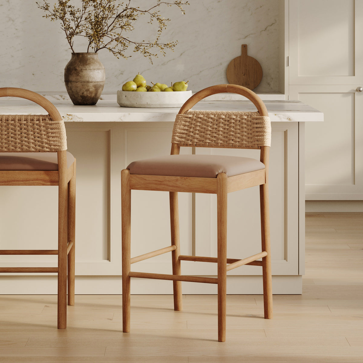 Modern Wood Seagrass & Faux Leather Counter Stool Brown