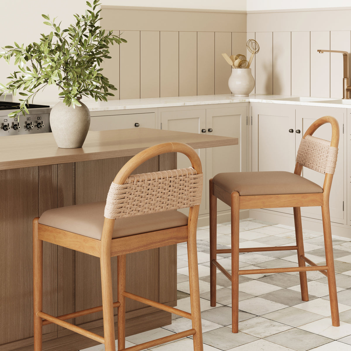 Modern Wood Seagrass & Faux Leather Counter Stool Brown