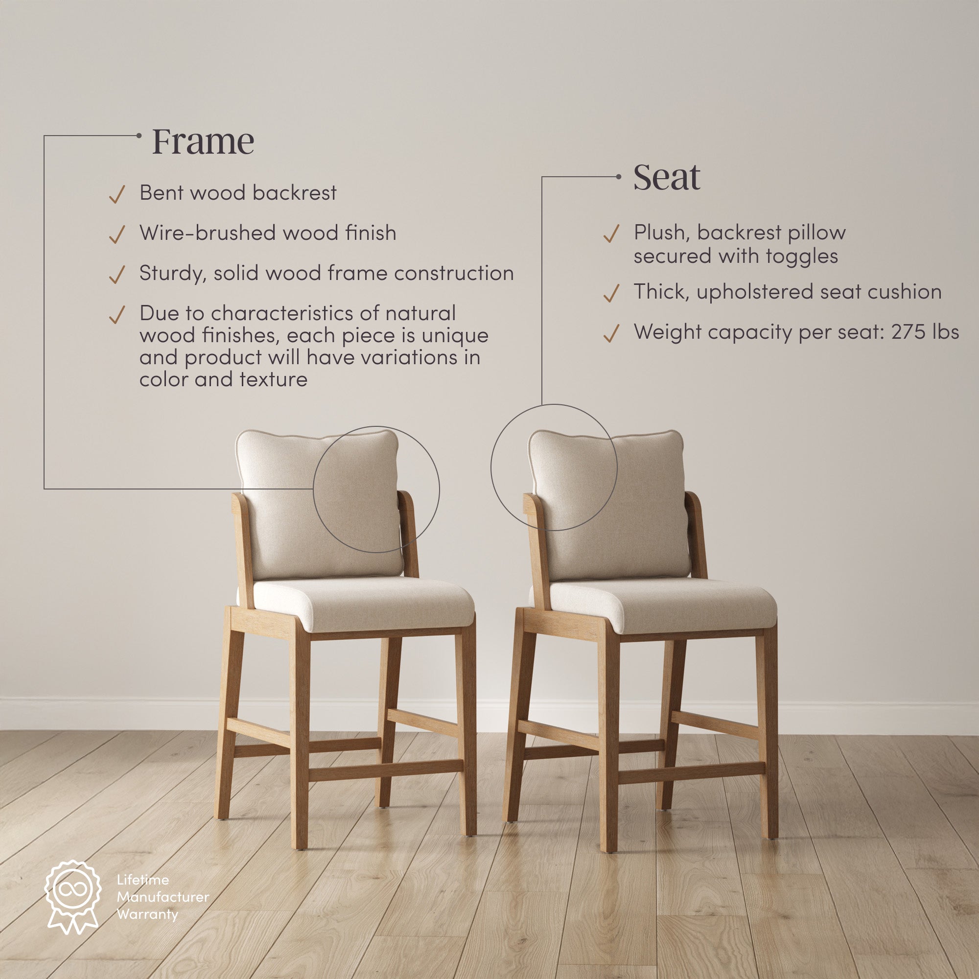 Two wooden barstools with light beige cushioned seats and backrests are placed in a minimalist room. Text highlights features: bent wood backrest, wire-brushed finish, plush pillows, and 275 lb weight capacity per seat.