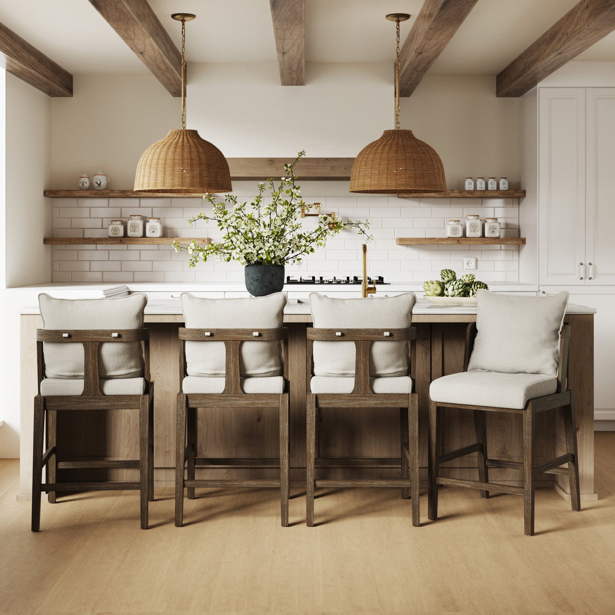 Scandinavian Boucle Counter Stool with Back Cream (Set of 4) - Nathan James