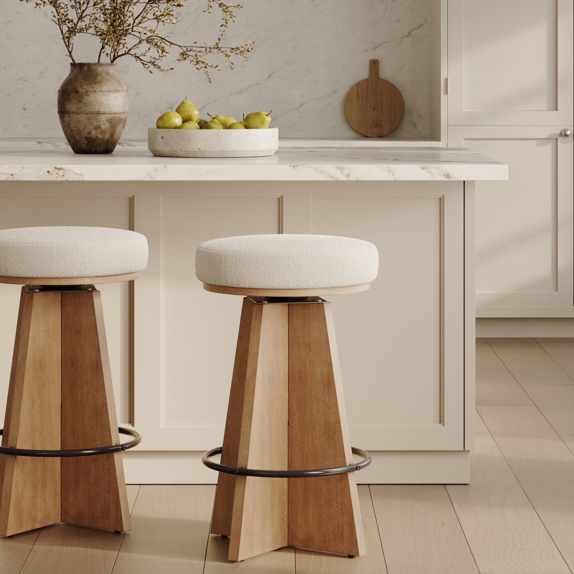 Modern Backless Swivel Boucle Counter Stool with Pedestal Legs