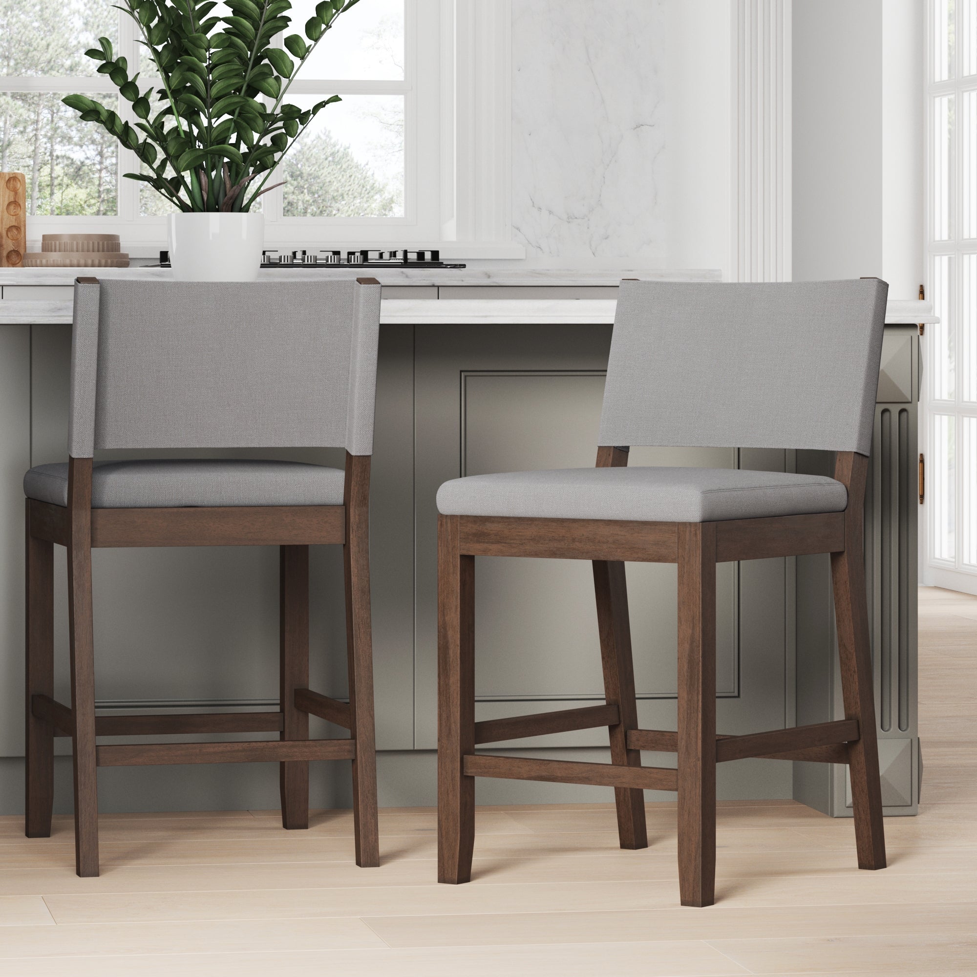 Linus Dark Brown Wood Bar Stool with Back Set of 2 | Nathan James