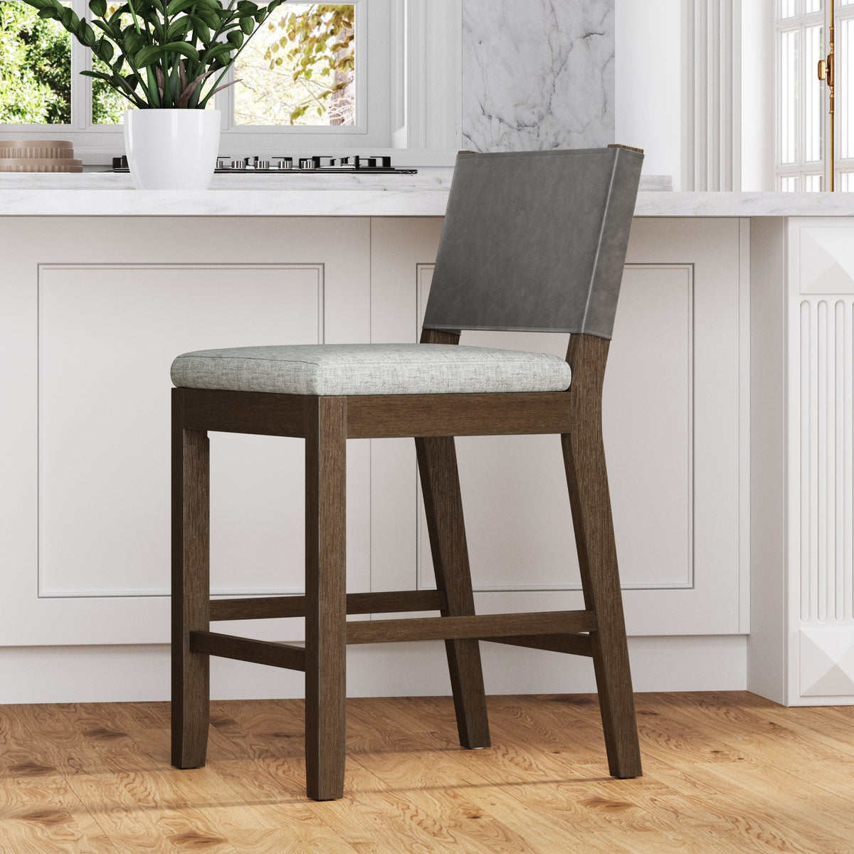 Linus Dark Brown Wood & Cushioned Bar Stool with Back | Nathan James