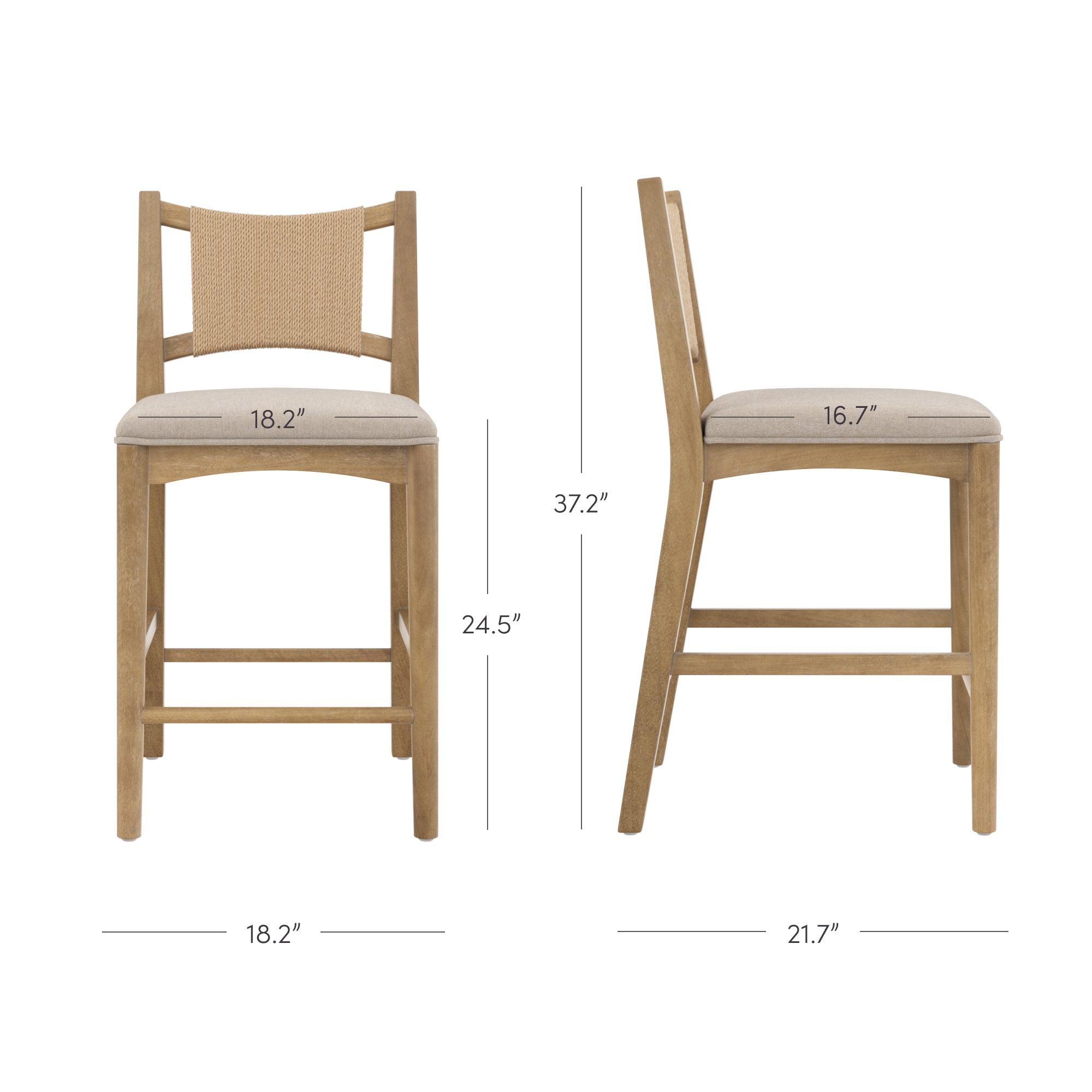 Front and side views of a wooden chair with a beige cushioned seat and backrest, showing dimensions: 18.2 wide, 21.7 deep, 37.2 high, seat height 24.5, seat depth 16.7, and seat width 18.2.