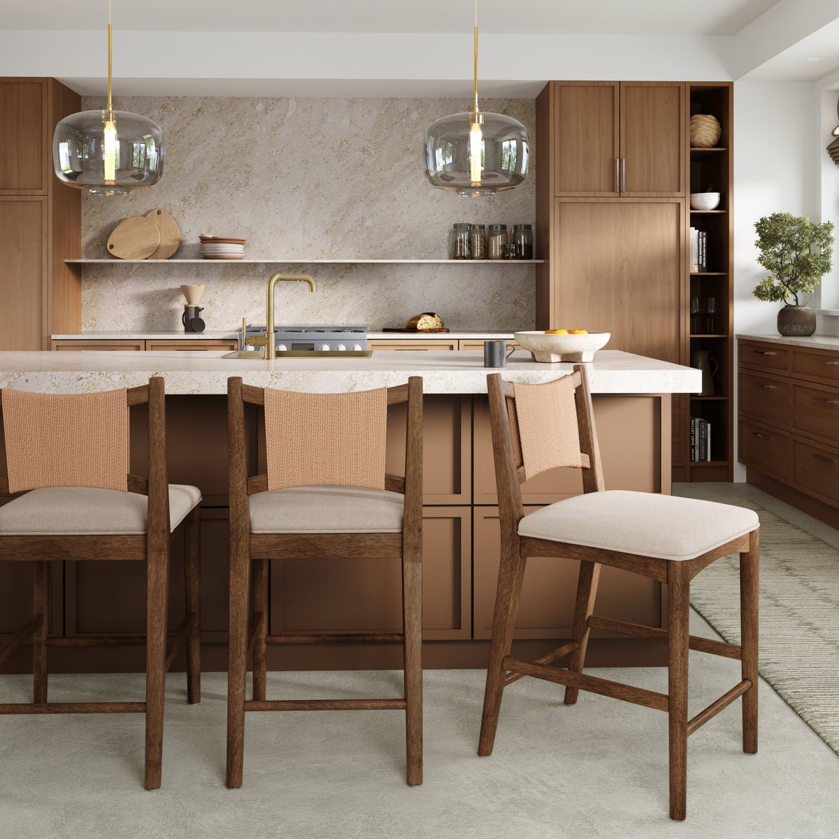 Modern Seagrass Back Arched Wood Counter Stool Medium Brown (Set of 3) - Nathan James