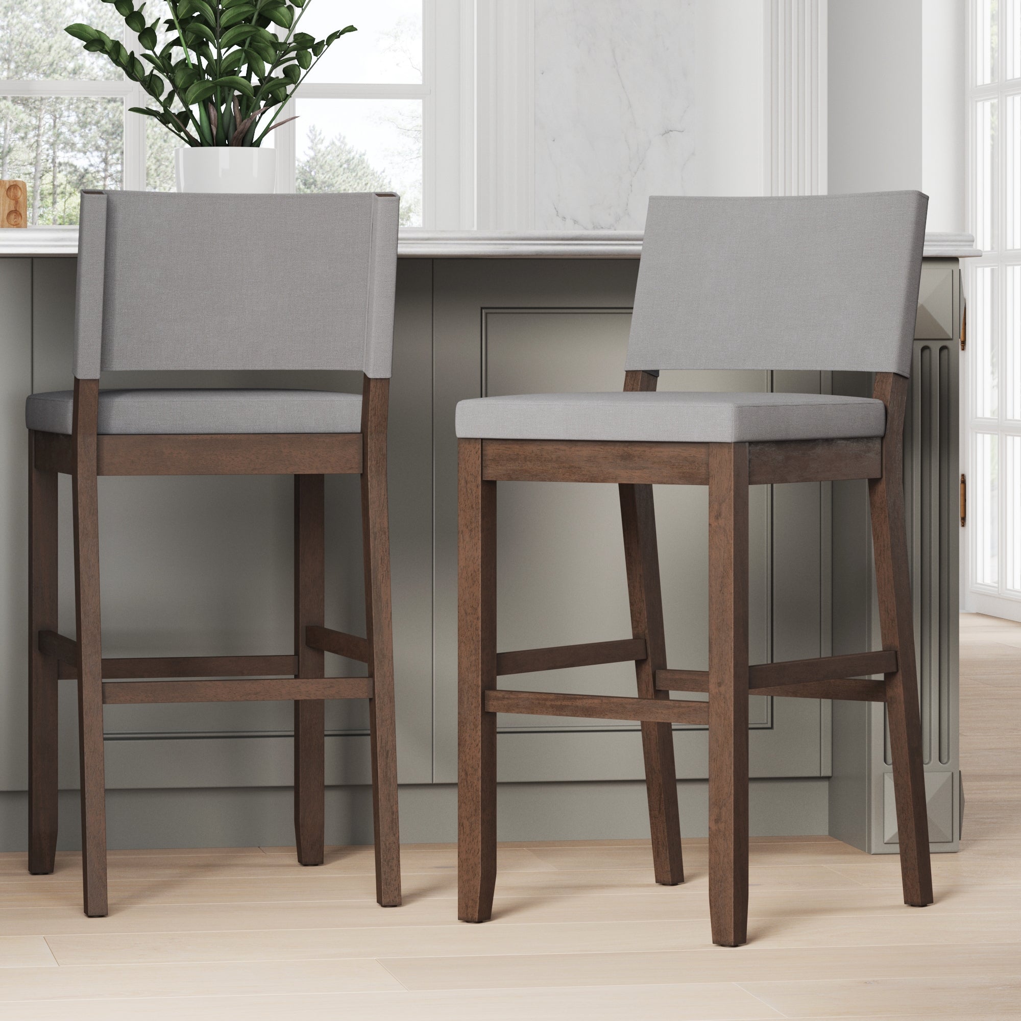 Wood Upholstered Sling Back Bar Stools Gray (Set of 2)