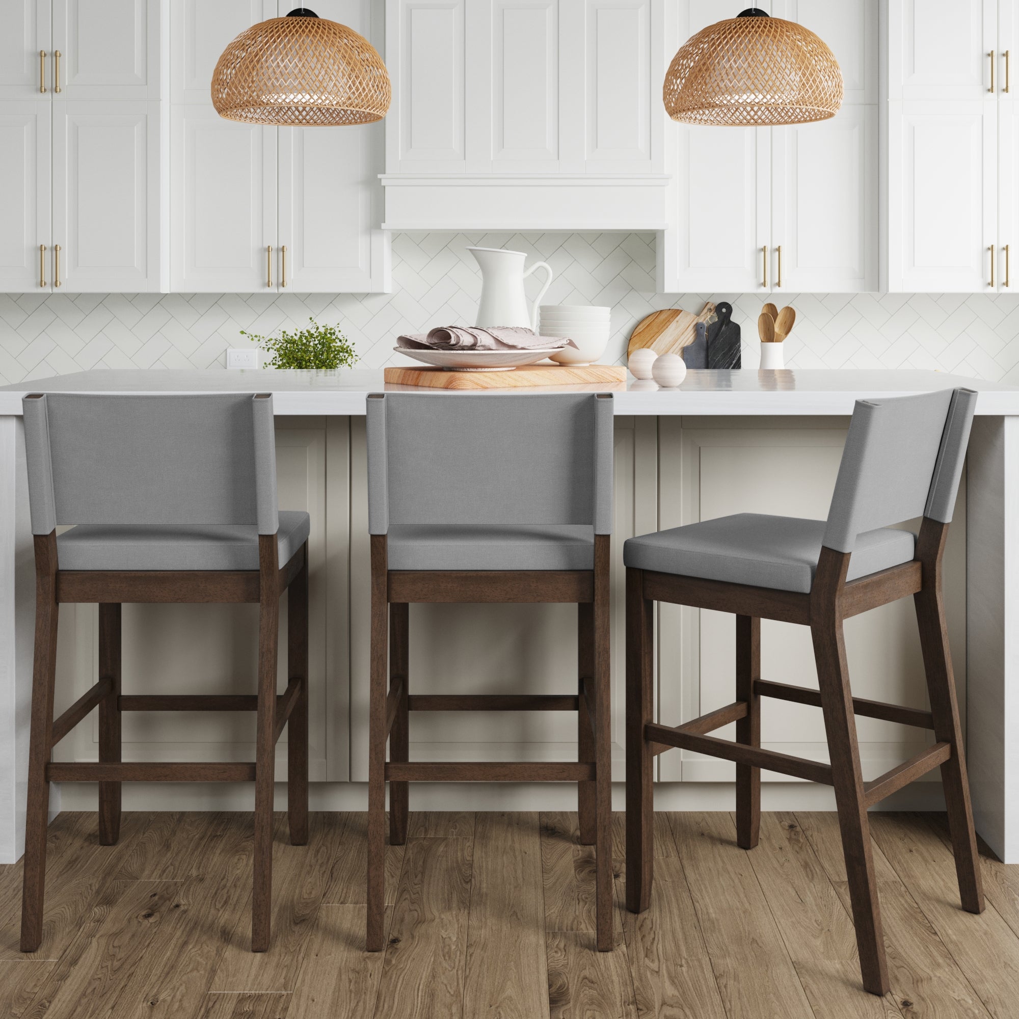 Wood Upholstered Sling Back Bar Stools Gray (Set of 3)