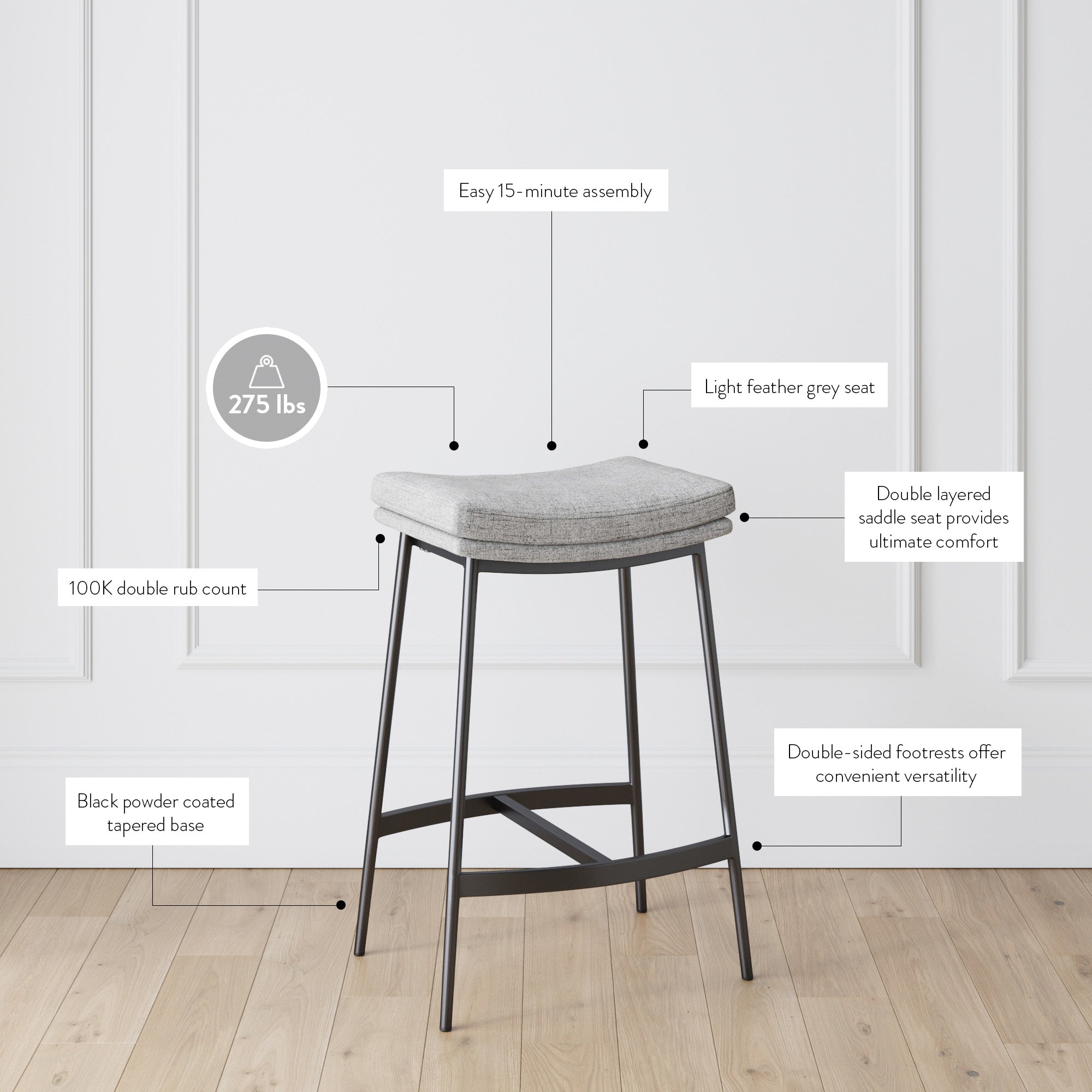 Upholstered Counter Height Saddle Bar Stools Gray (Set of 3) - Nathan James
