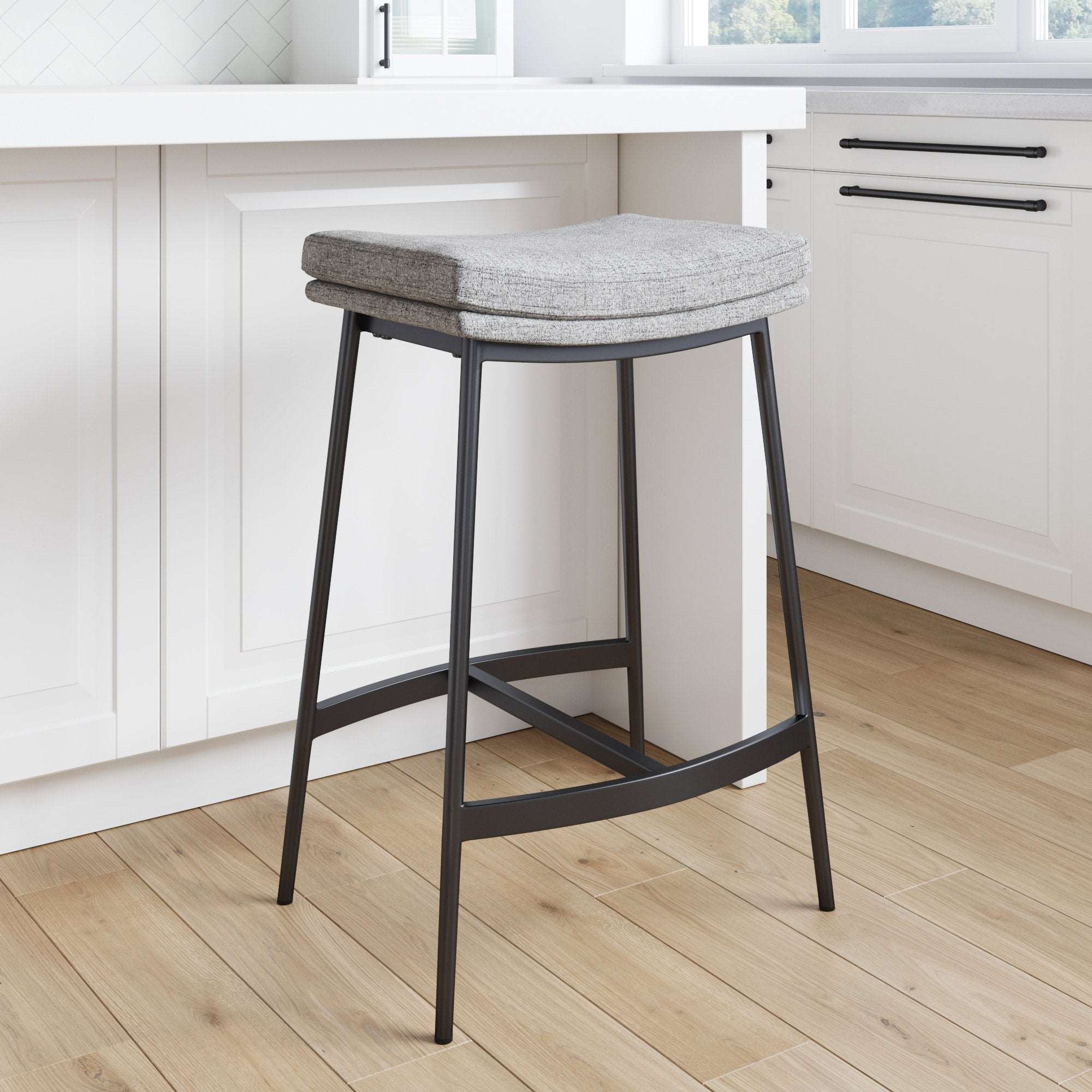 Upholstered Counter Height Metal Bar Stool Feather Gray-Matte Black