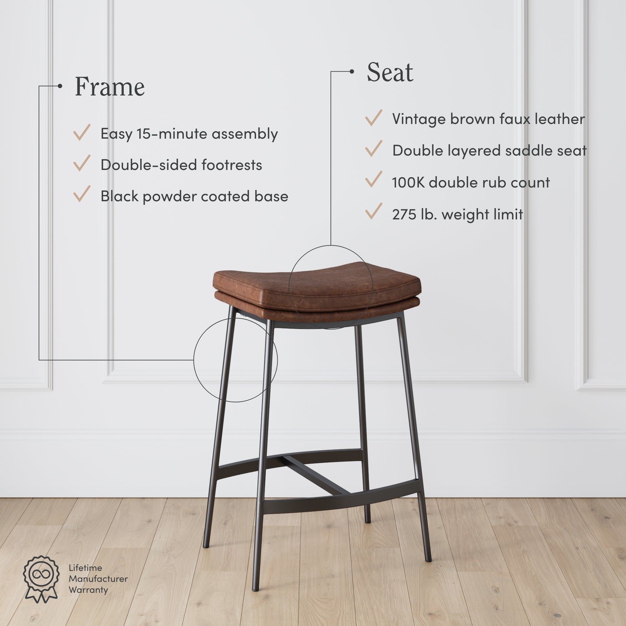 Faux Leather Counter Height Saddle Bar Stools (Set of 3) - Nathan James