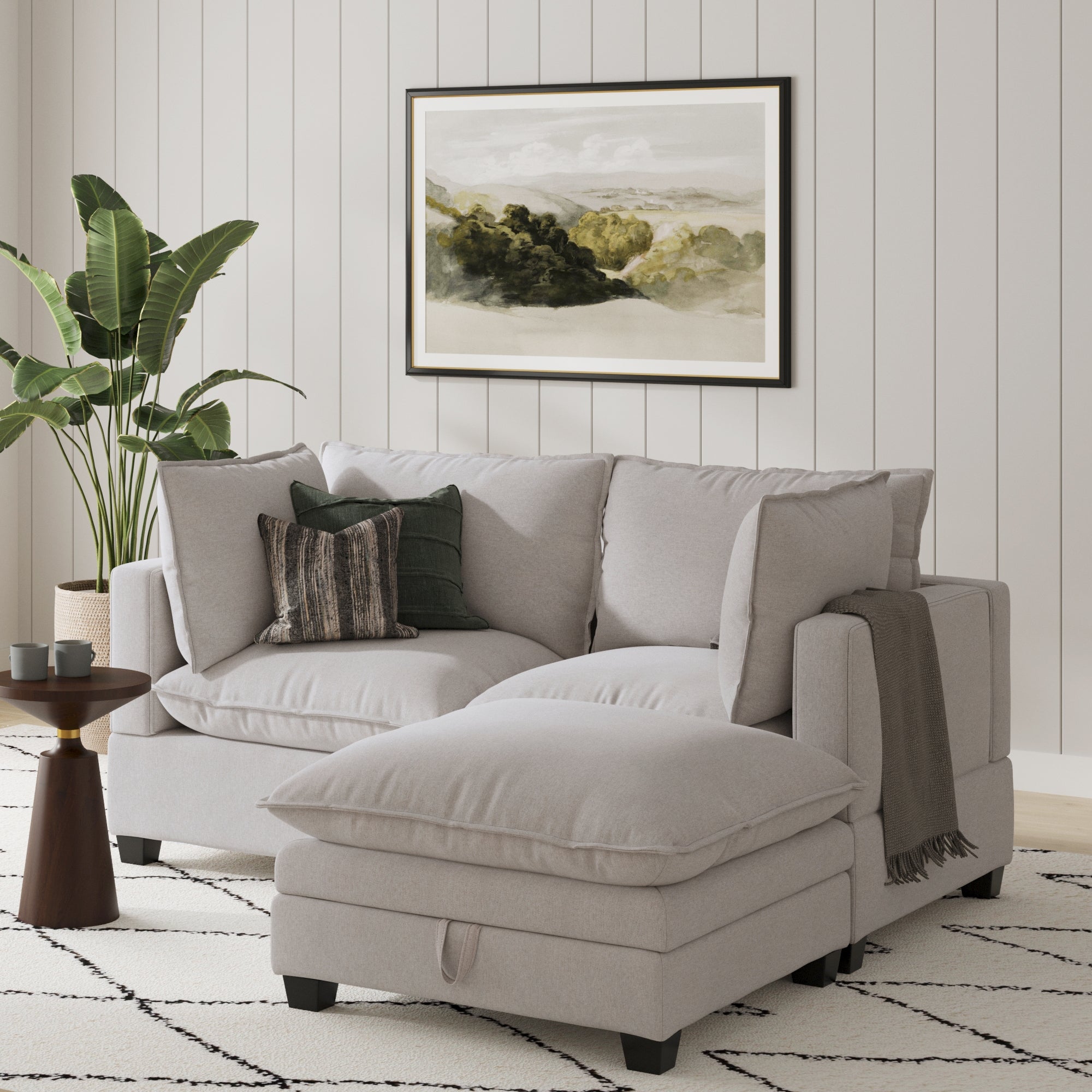 Modern Cloud Loveseat with Ottoman Beige Linen