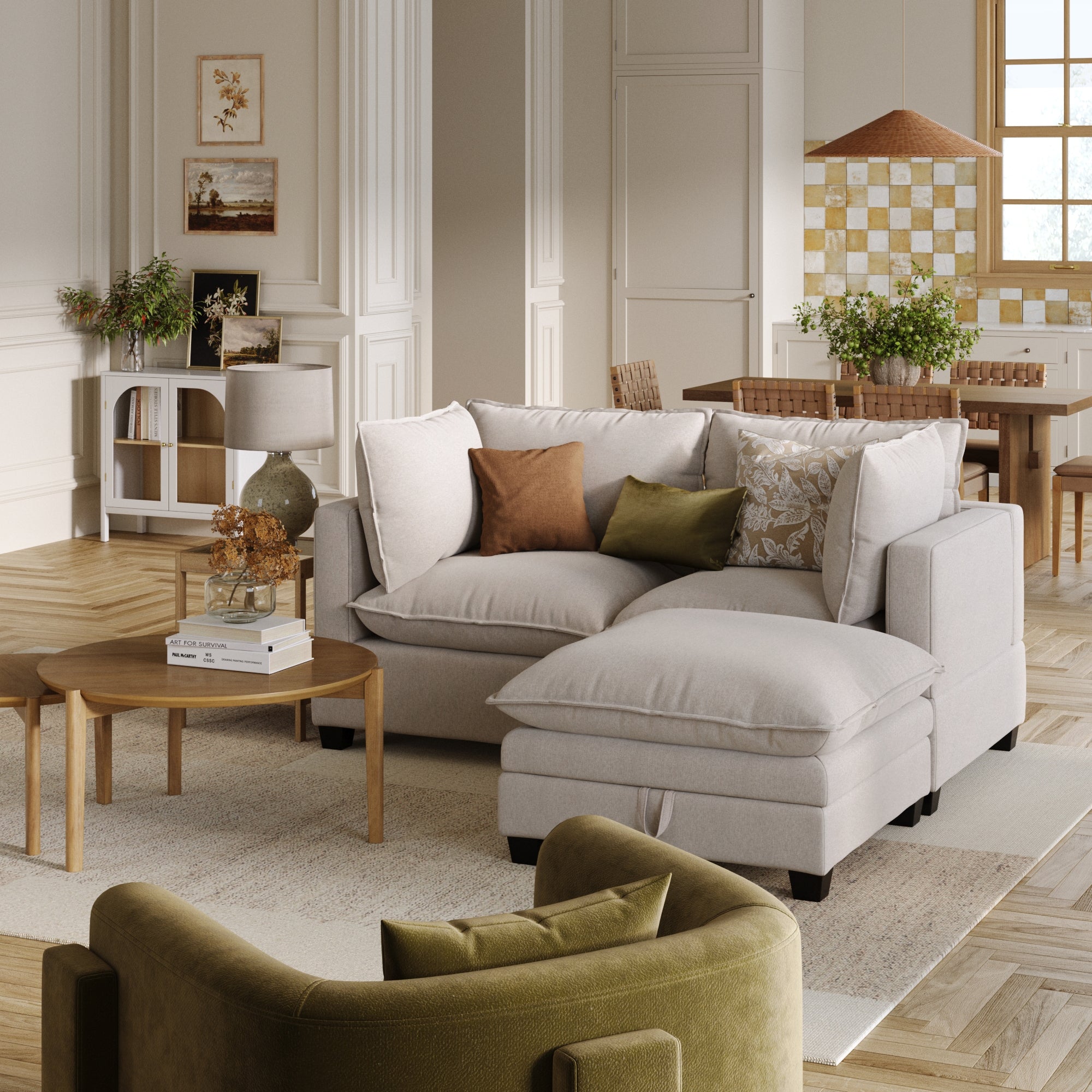 Modern Cloud Loveseat with Ottoman Beige Linen