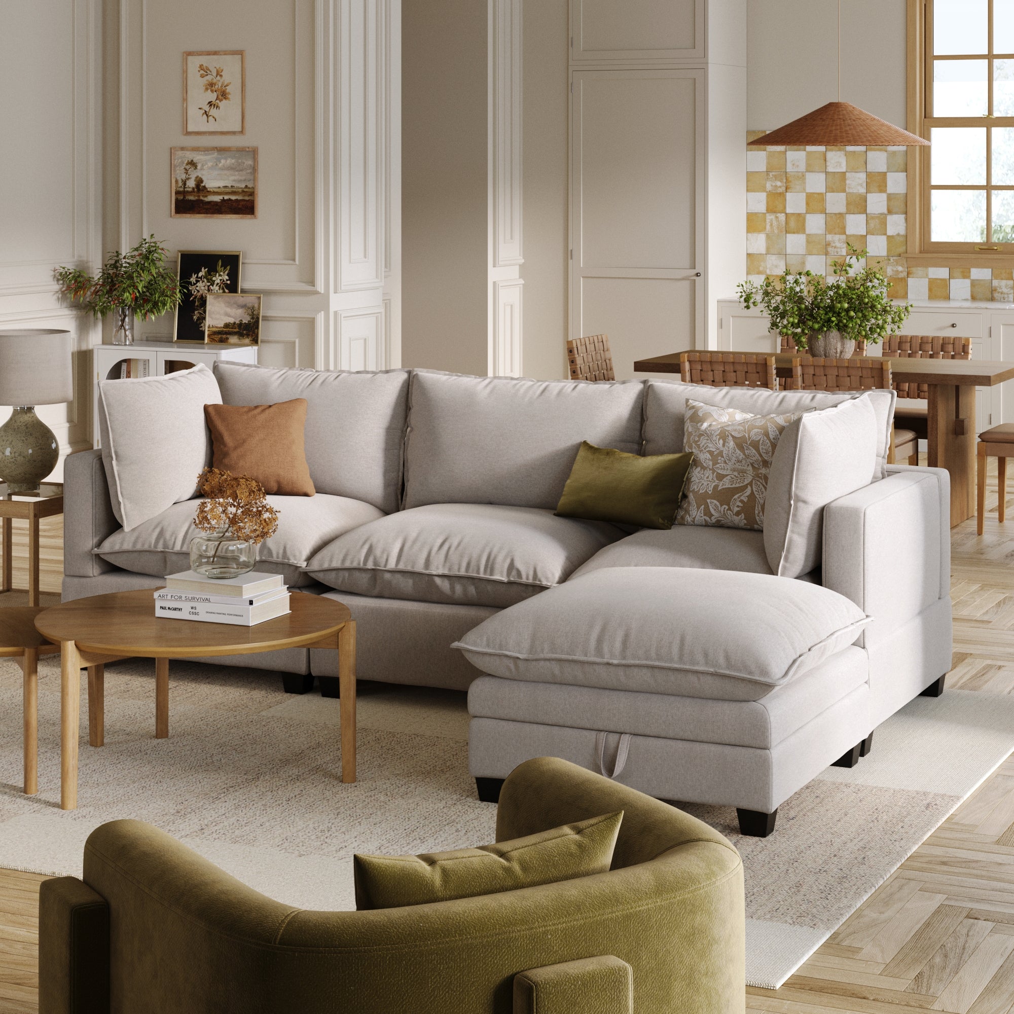 Modern 3-Seat Cloud Sofa with Ottoman Beige Linen