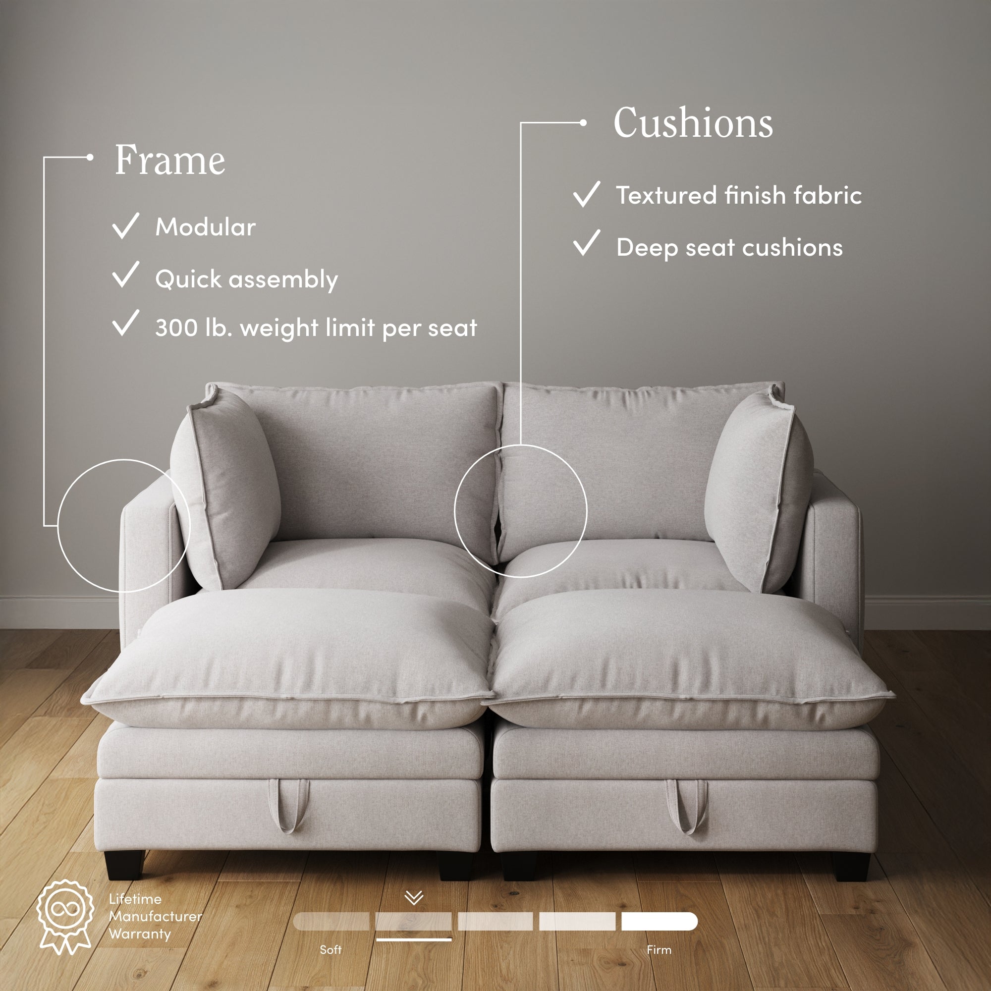 Soft Fabric 4-Piece Armless Cloud Pit Sofa Couch - Thumbnail 5