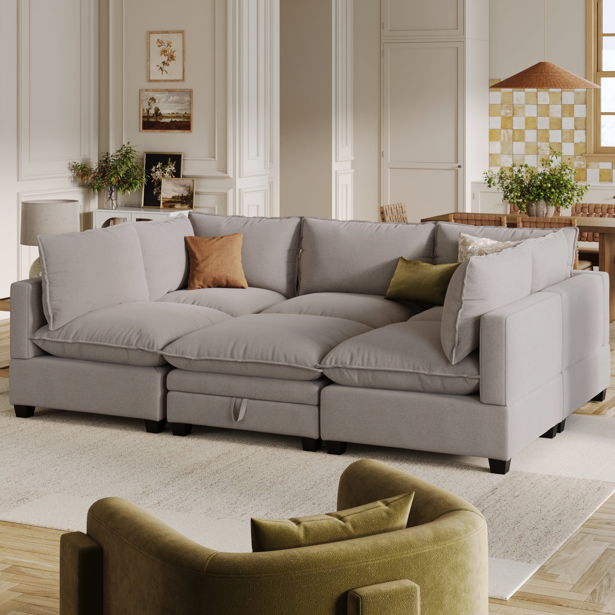 Modern 6-Seat Cloud Linen Modular Pit Couch