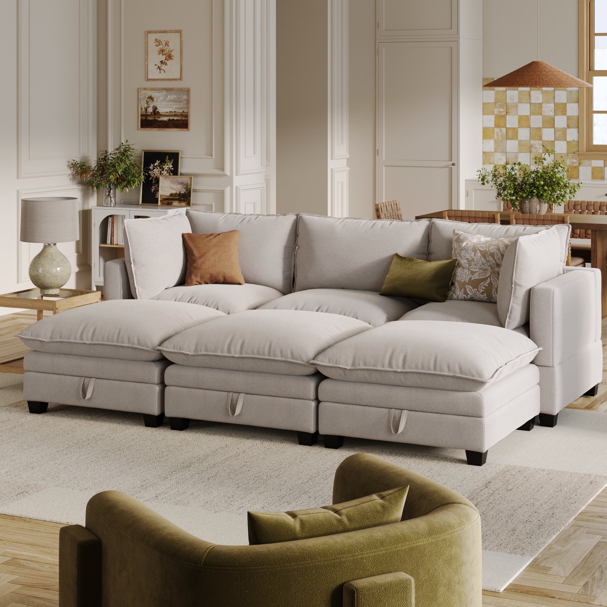 Modern Armless 6-Seat Cloud Linen Modular Pit Couch