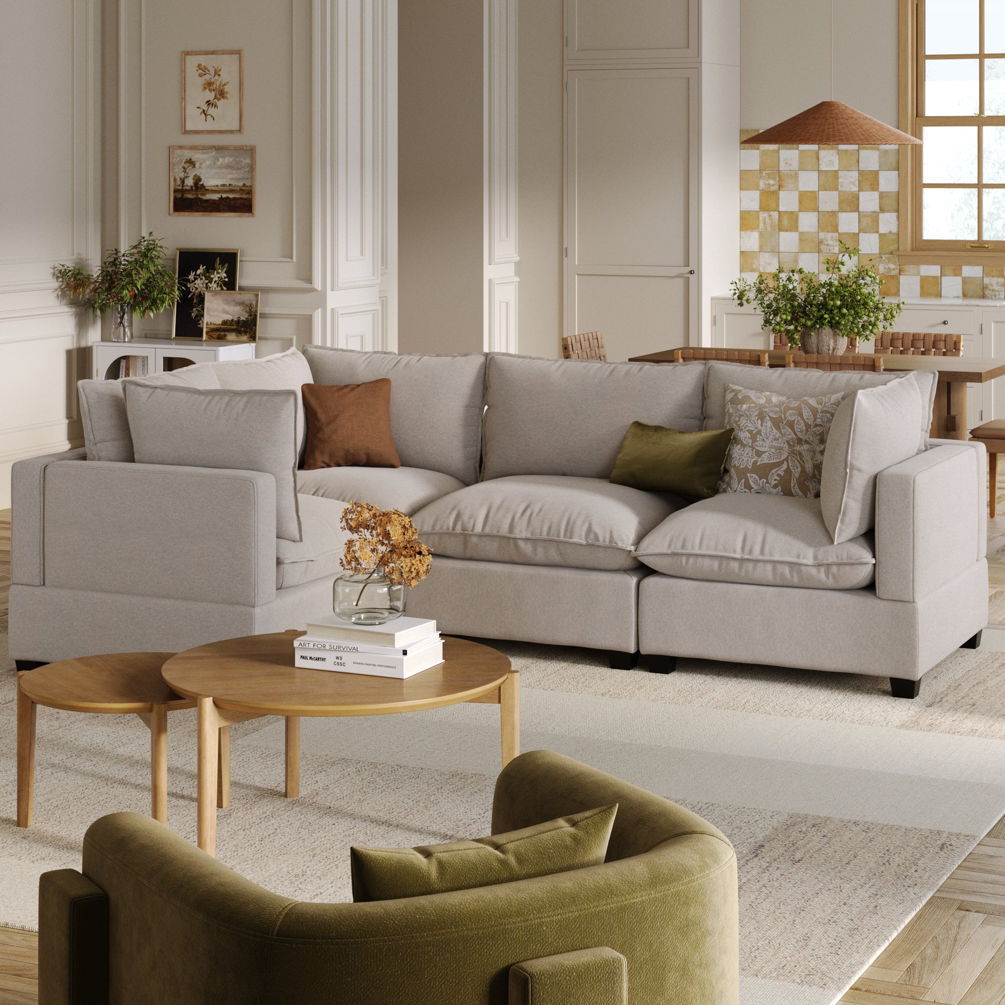 Modern 4-Seat Sectional Cloud Sofa Beige Linen