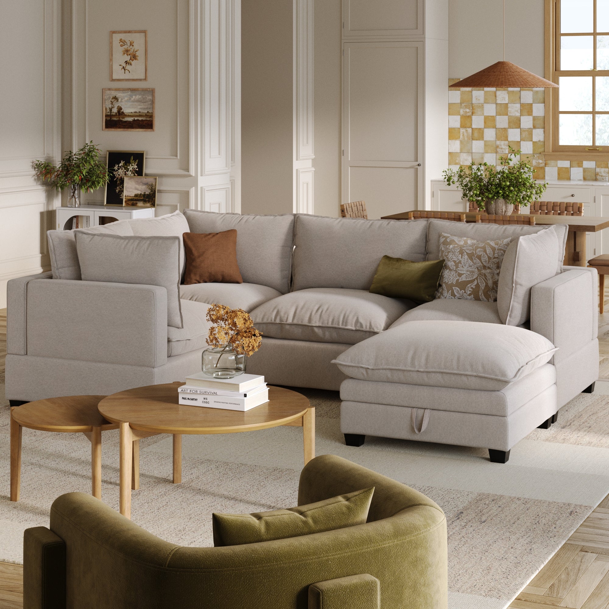 Modern 4-Seat Sectional Cloud Sofa with Ottoman Beige Linen