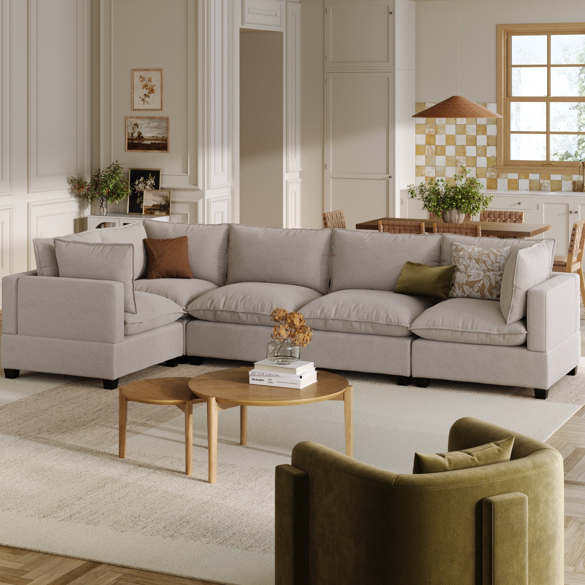 Modern 5-Seat Sectional Cloud Sofa Beige Linen