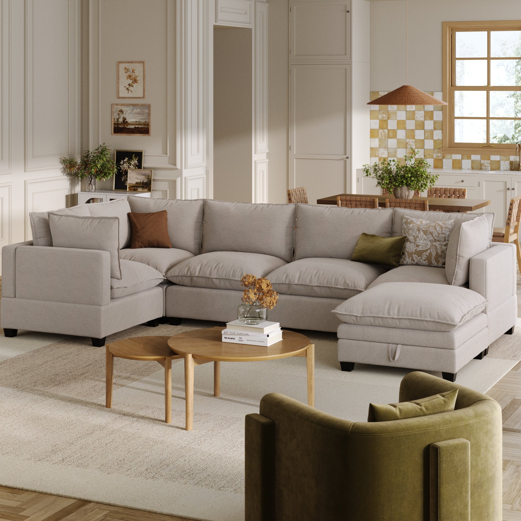 Modern 5-Seat Sectional Cloud Sofa with Ottoman Beige Linen