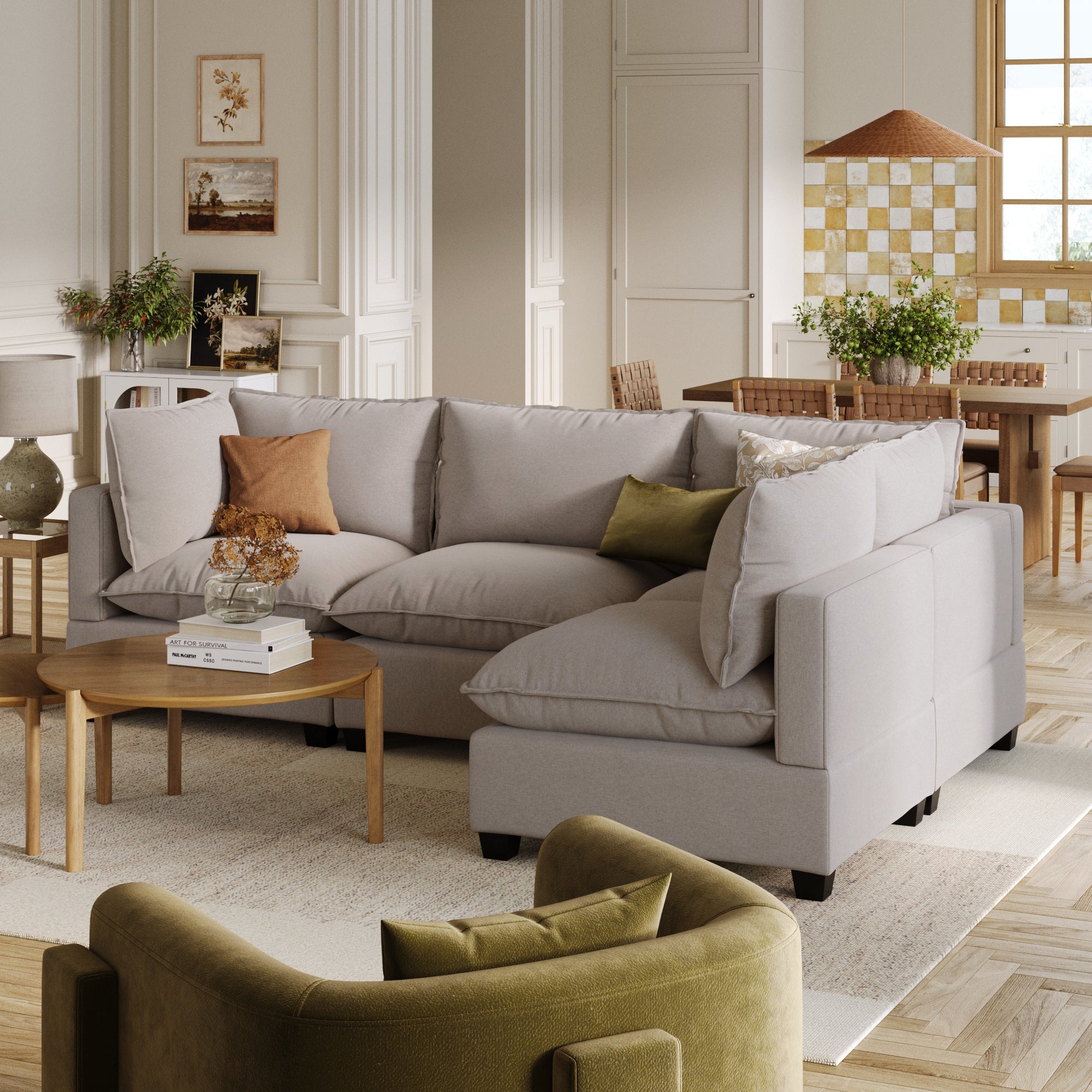 Modern Armless 4-Seat Sectional Sofa Beige Linen