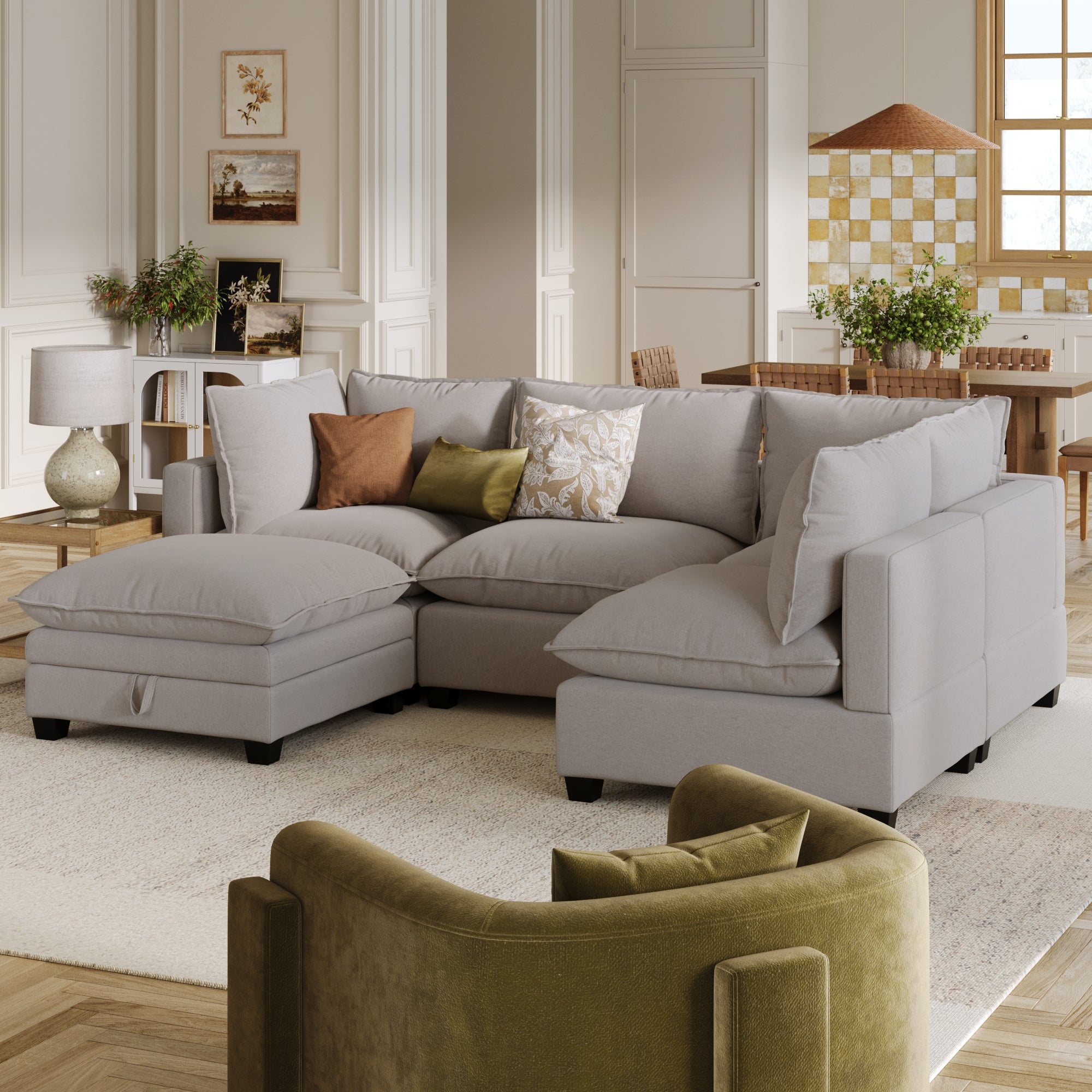 Cloud 4-Seat Armless Sectional Sofa with Storage Ottoman Beige Linen