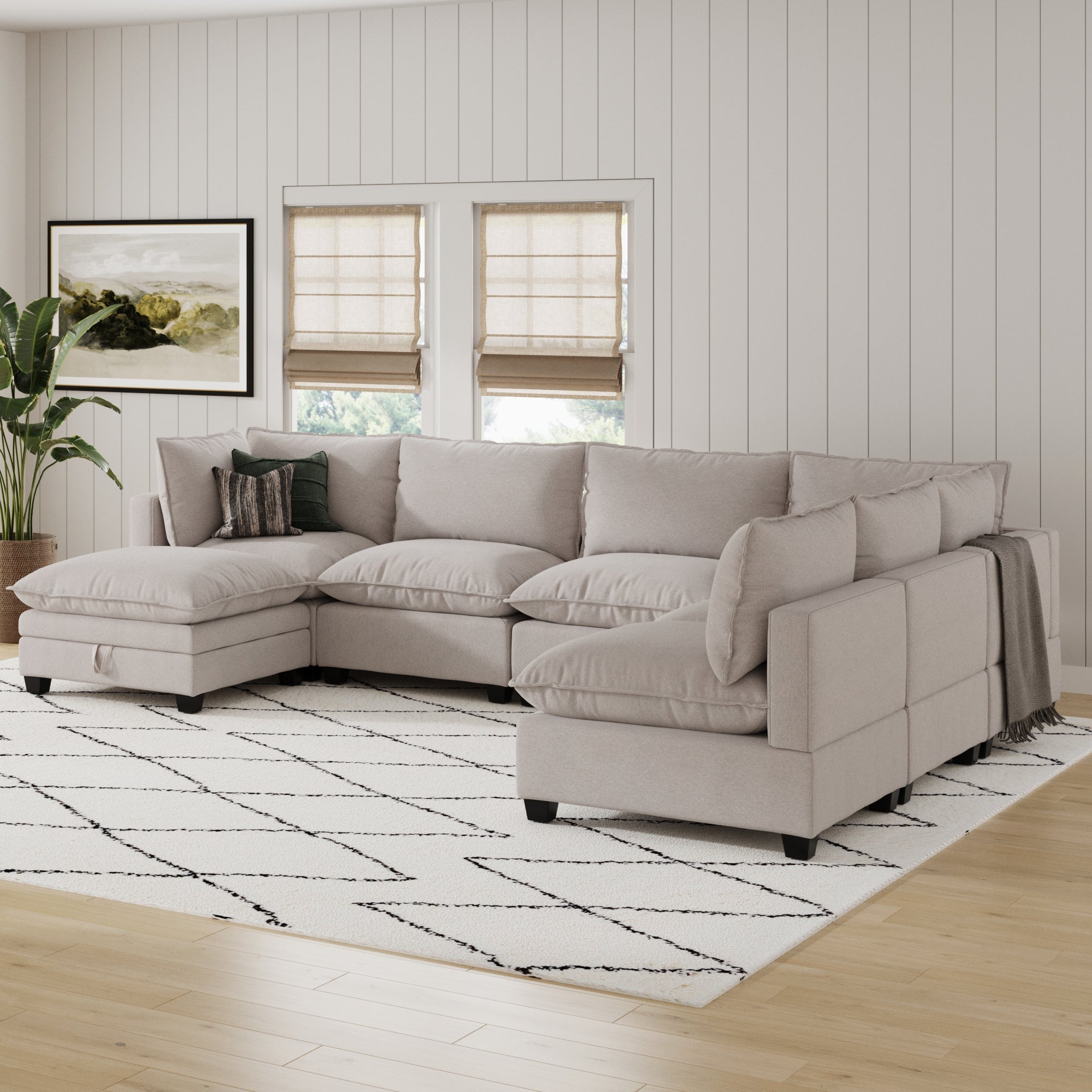 Modern 6-Seat Sectional Beige Sofa & Storage Ottoman