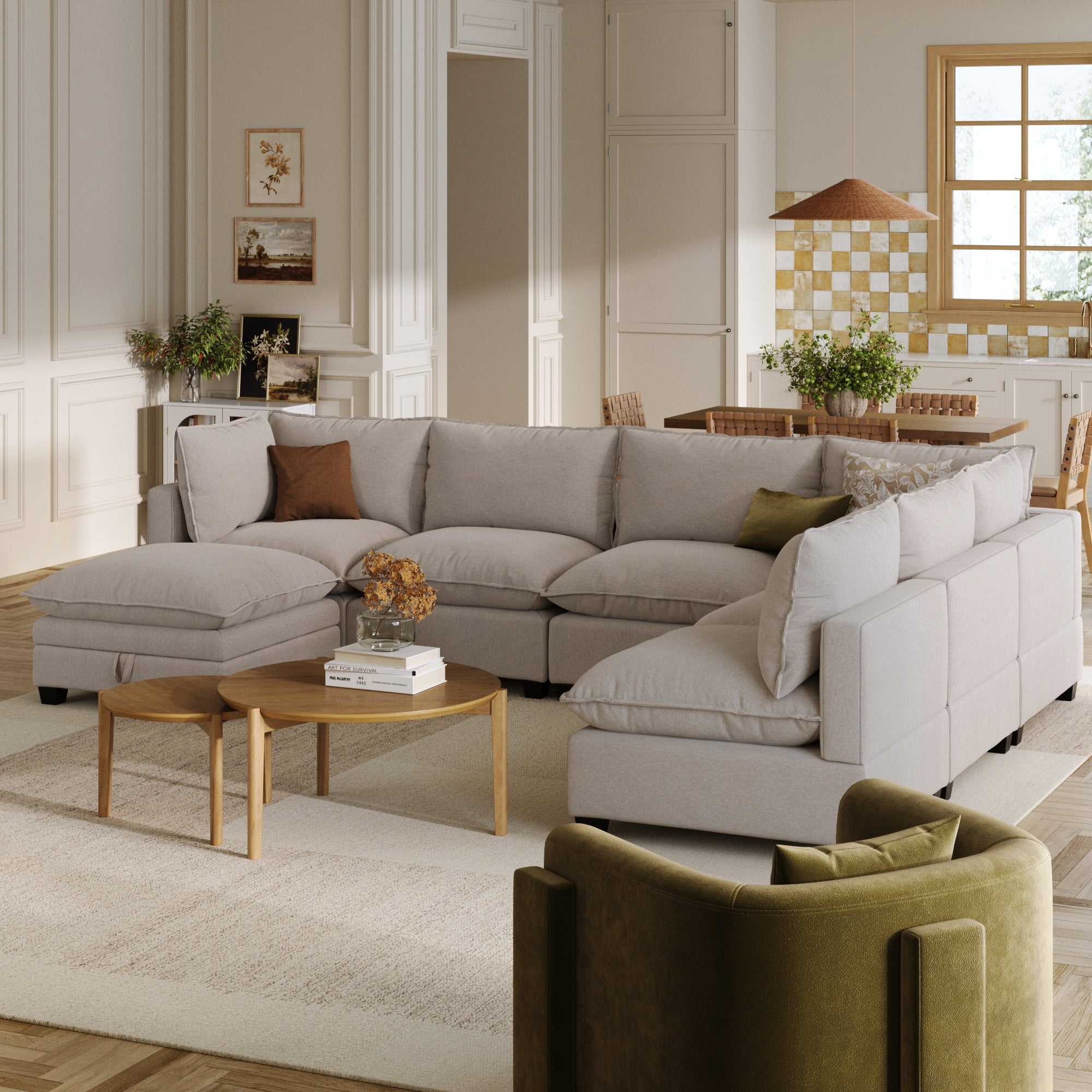 Modern 6-Seat Sectional Beige Sofa & Storage Ottoman