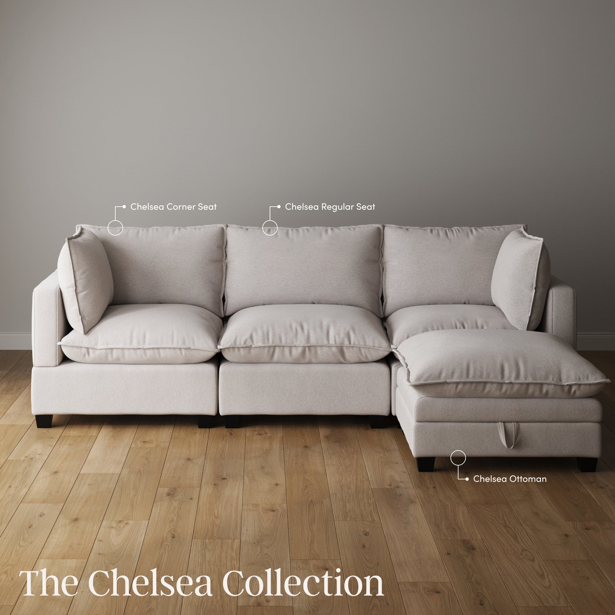 A light beige sectional sofa with three seats and a matching ottoman is arranged in a minimalist room. Labels indicate the Chelsea Corner Seat, Chelsea Regular Seat, and Chelsea Ottoman. Text reads: The Chelsea Collection.