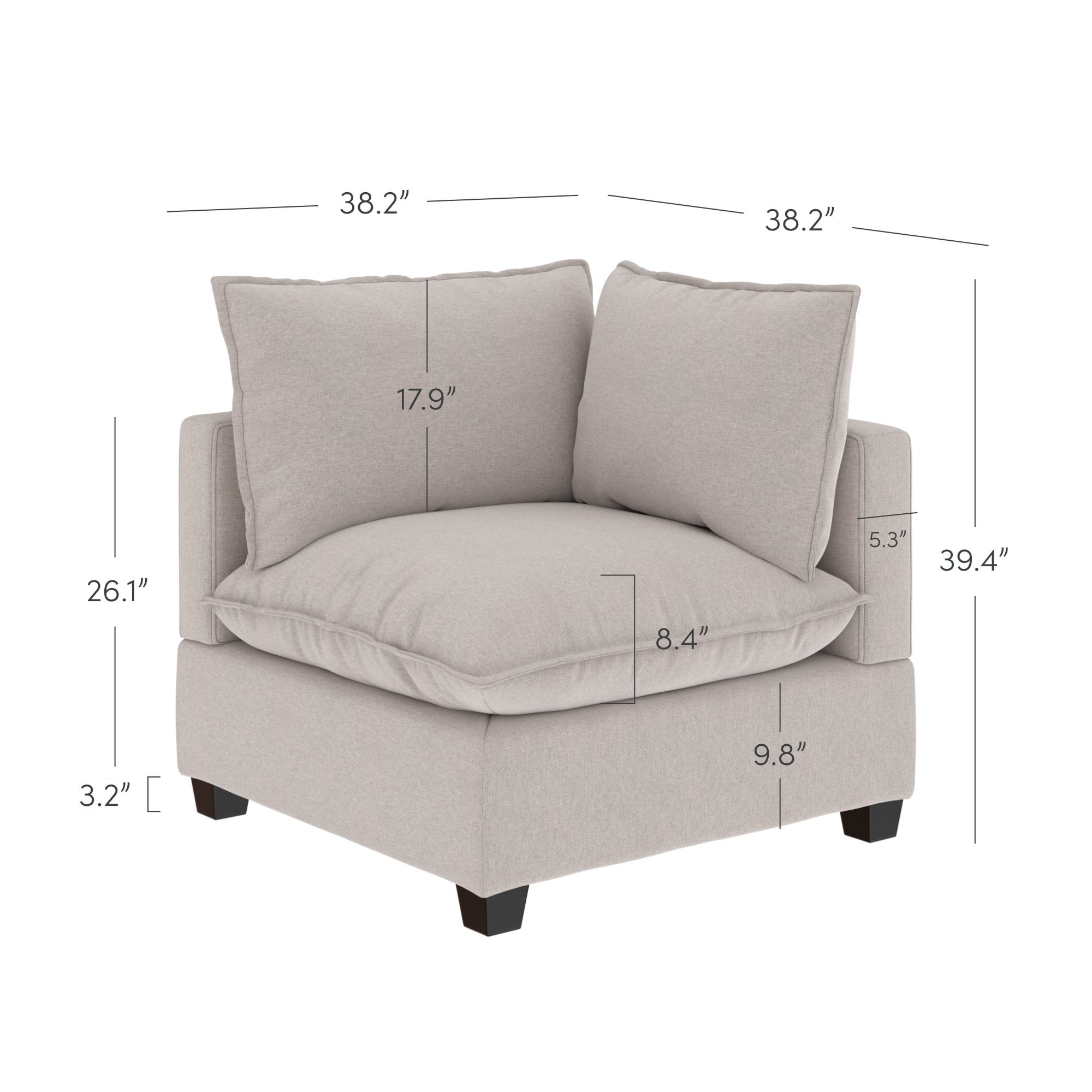 A light beige upholstered corner chair with two back cushions. Key dimensions are marked, including height (26.1), width (38.2), depth (38.2), and cushion thicknesses. The chair has short, dark legs.