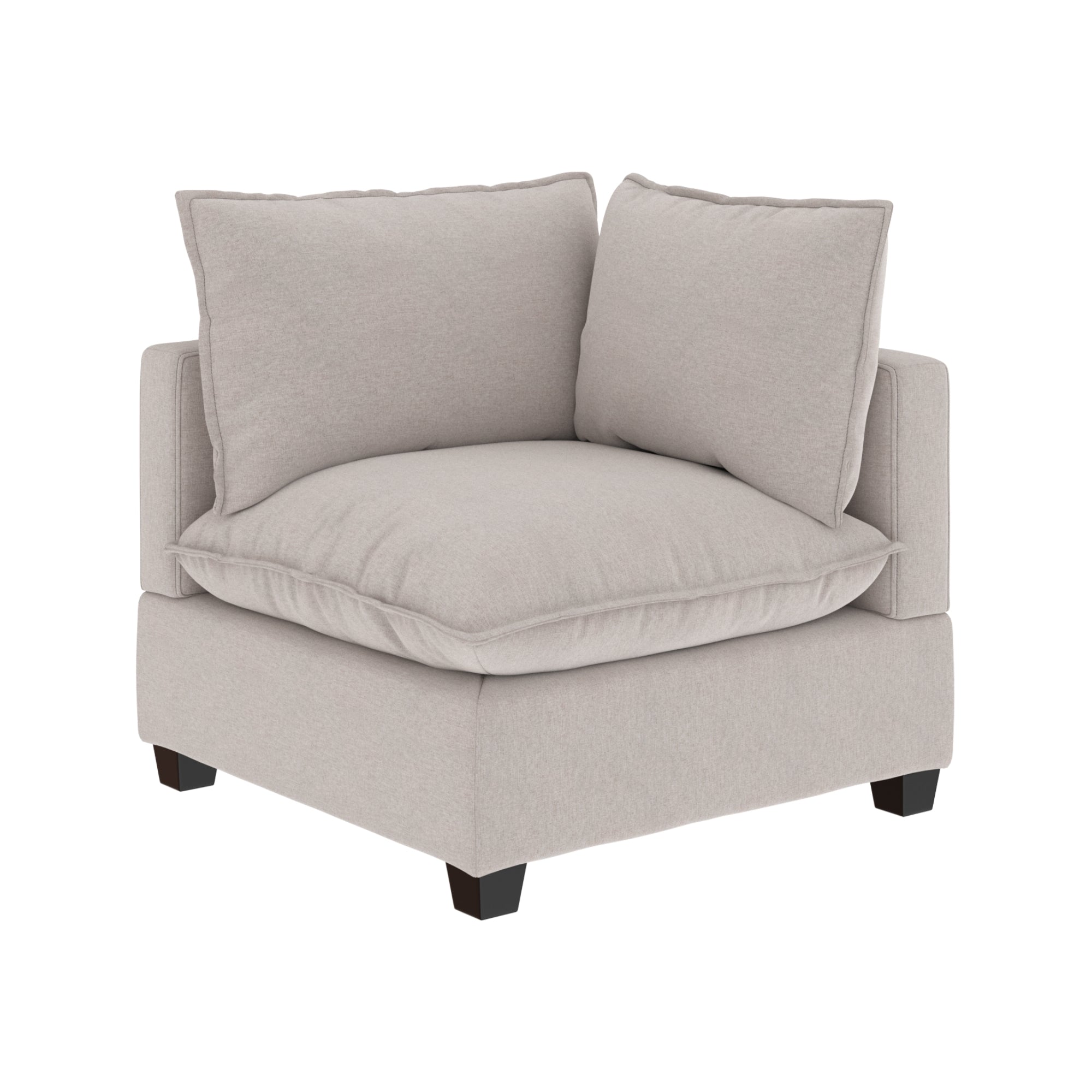 A beige upholstered corner armchair with plush seat and back cushions, featuring dark wooden block legs, shown against a white background.