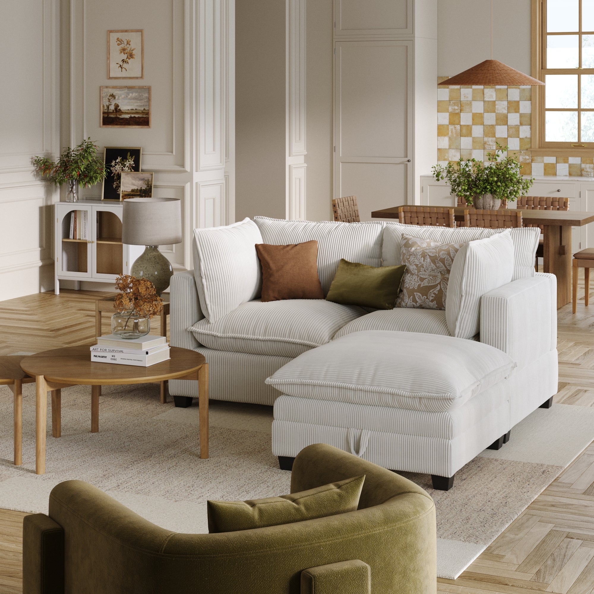 Corduroy Cloud Loveseat with Ottoman Pearl White