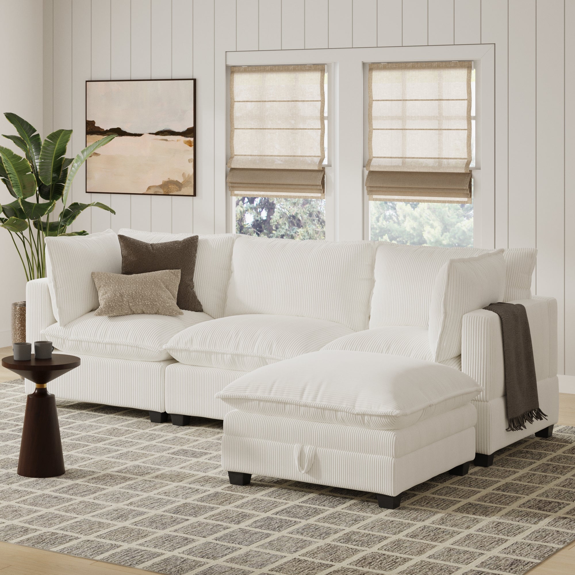 Corduroy 3-Seat Cloud Sofa with Ottoman Pearl White