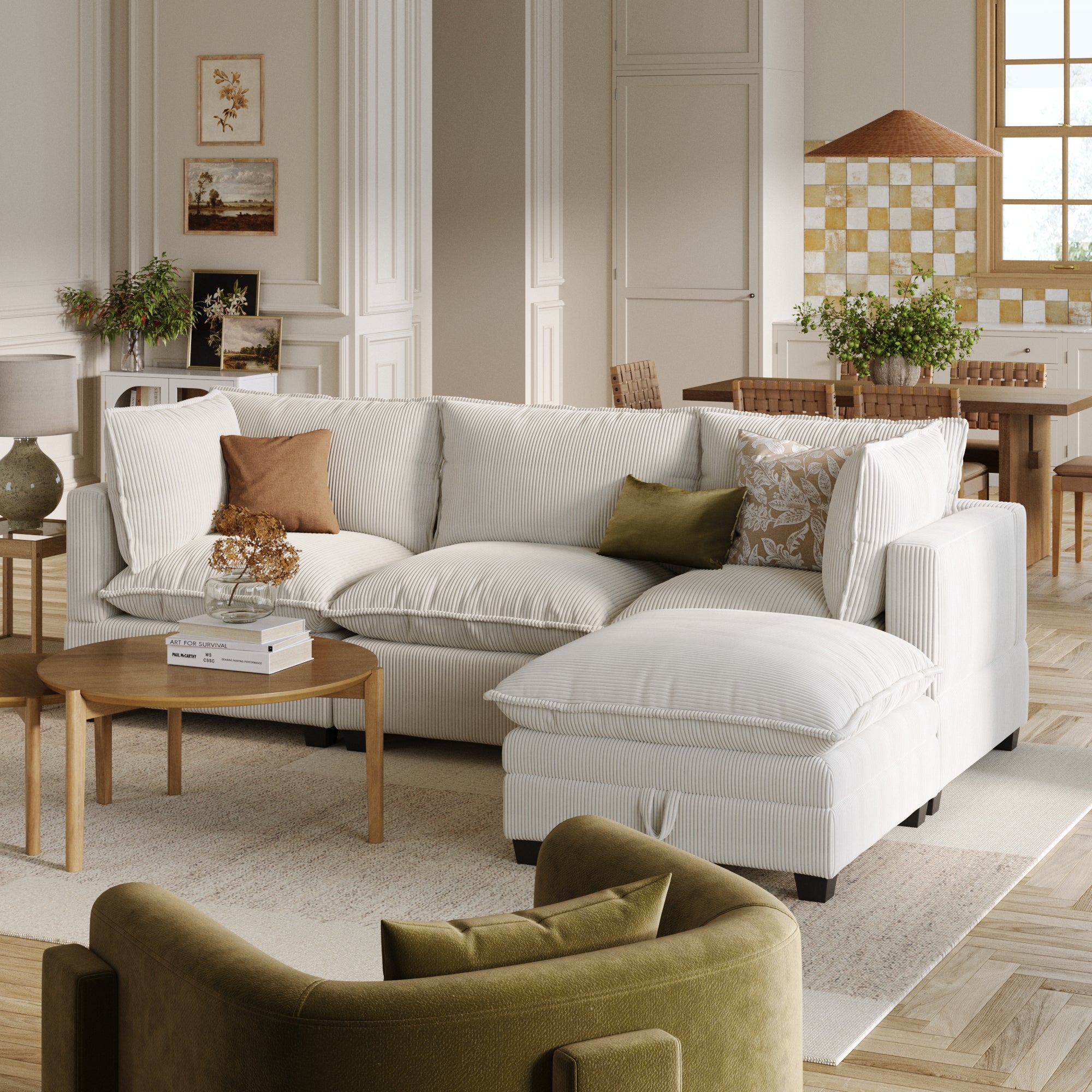 White Sofa Beige And White Throw Pillows Chelsea Corduroy 3-Seat