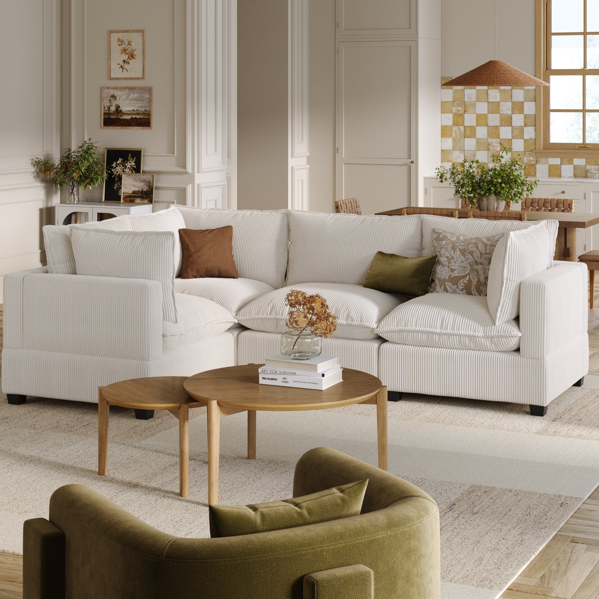 Corduroy 4-Seat Sectional Cloud Sofa Pearl White