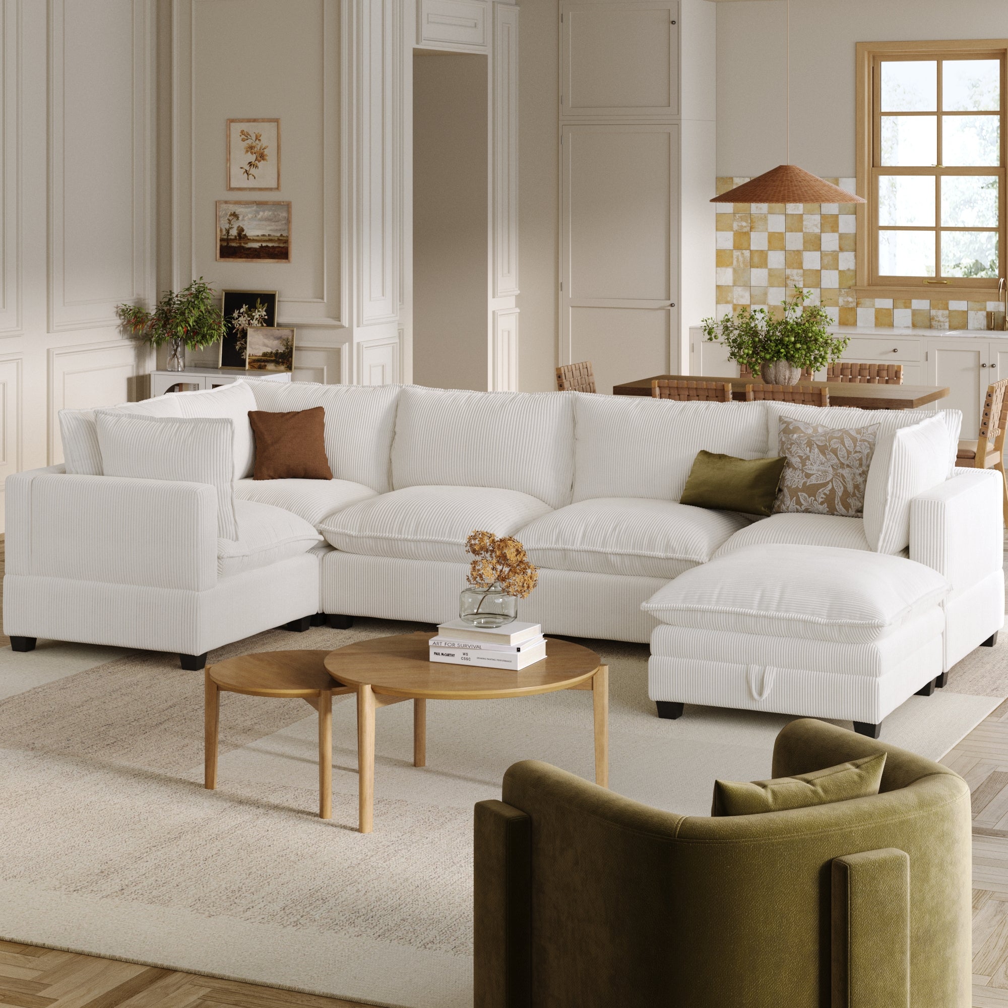 Corduroy 5-Seat Sectional Cloud Sofa with Ottoman Pearl White