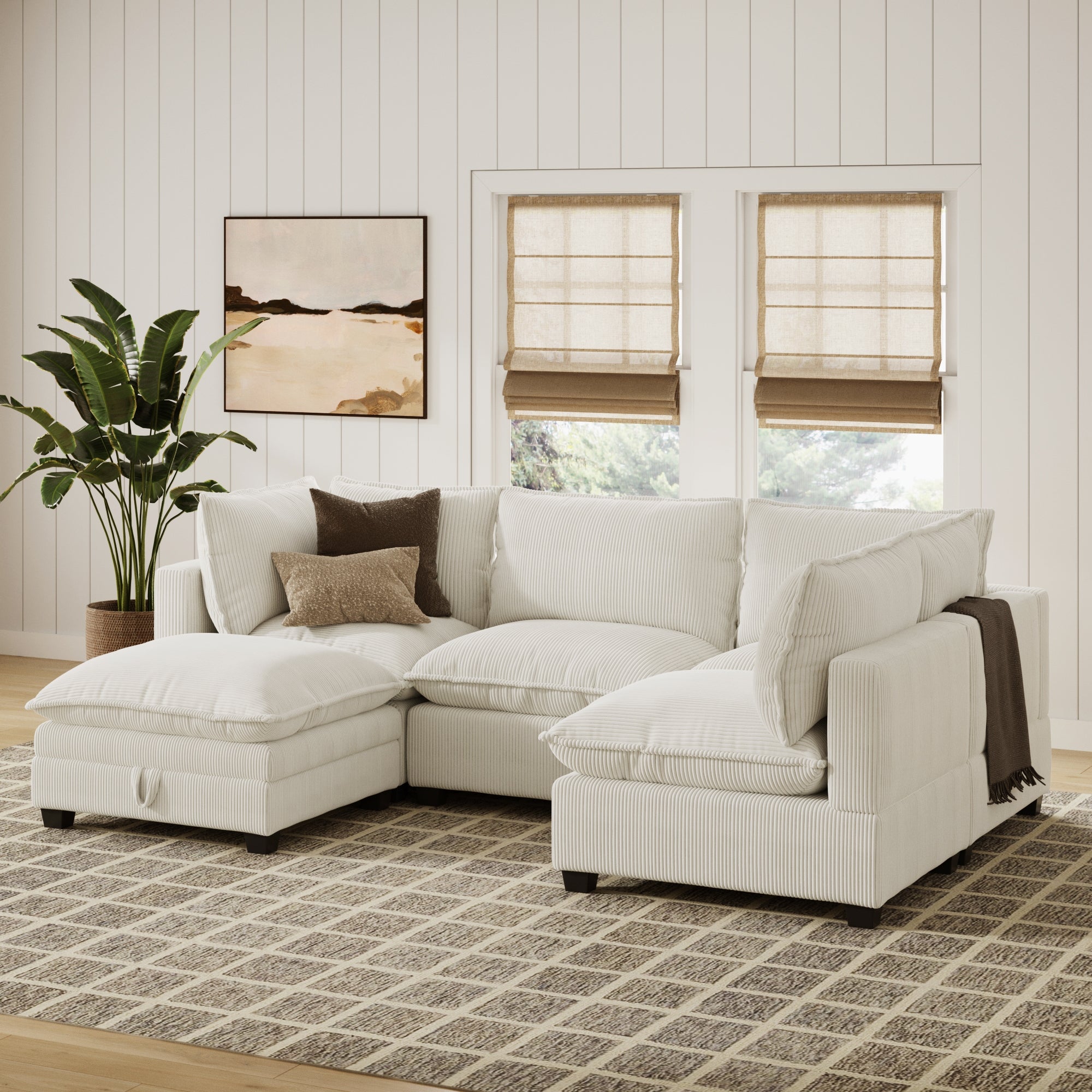 Cloud 4-Seat Armless Sectional Sofa with Storage Ottoman Pearl White Corduroy