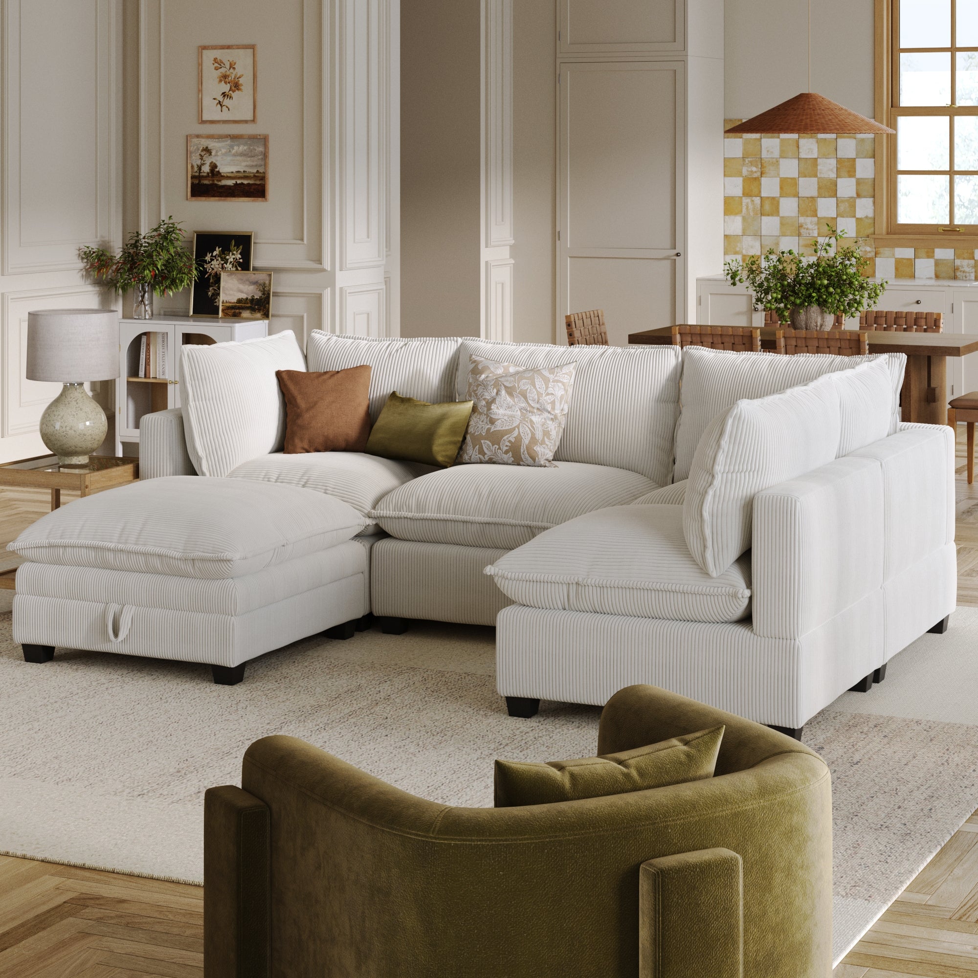 Cloud 4-Seat Armless Sectional Sofa with Storage Ottoman Pearl White Corduroy