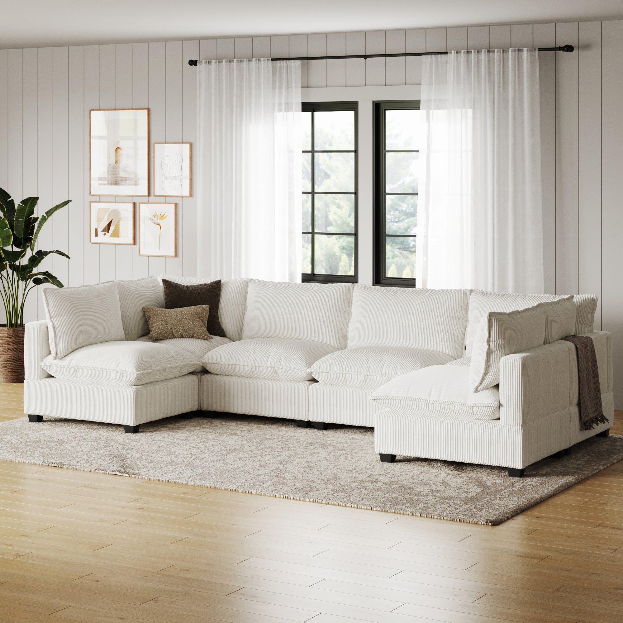 Corduroy 6-Seat Cloud Sectional Sofa Couch Pearl White