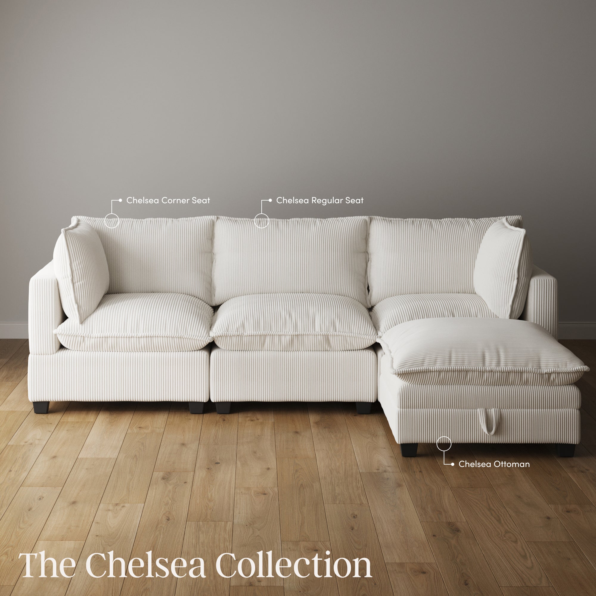 A white, modern sectional sofa with labeled sections: Chelsea Corner Seat, Chelsea Regular Seat, and Chelsea Ottoman, placed on a wooden floor. Text at the bottom reads The Chelsea Collection.