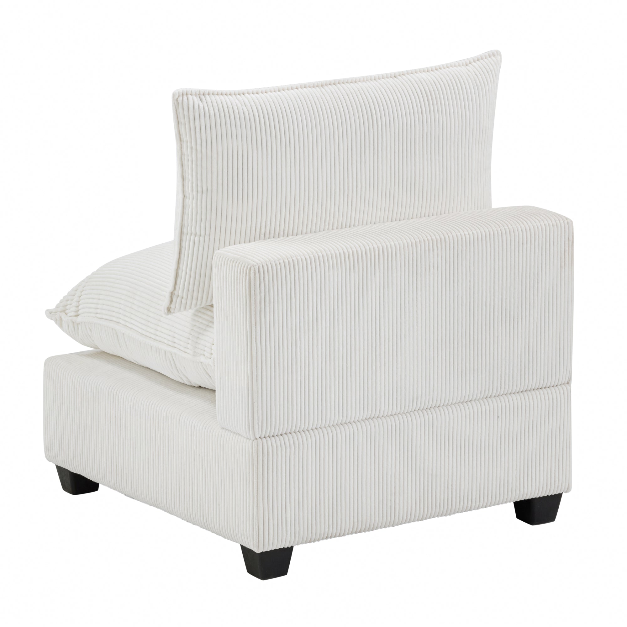 White armless accent chair with ribbed upholstery, plush seat and back cushions, and dark short block legs, shown at an angle.