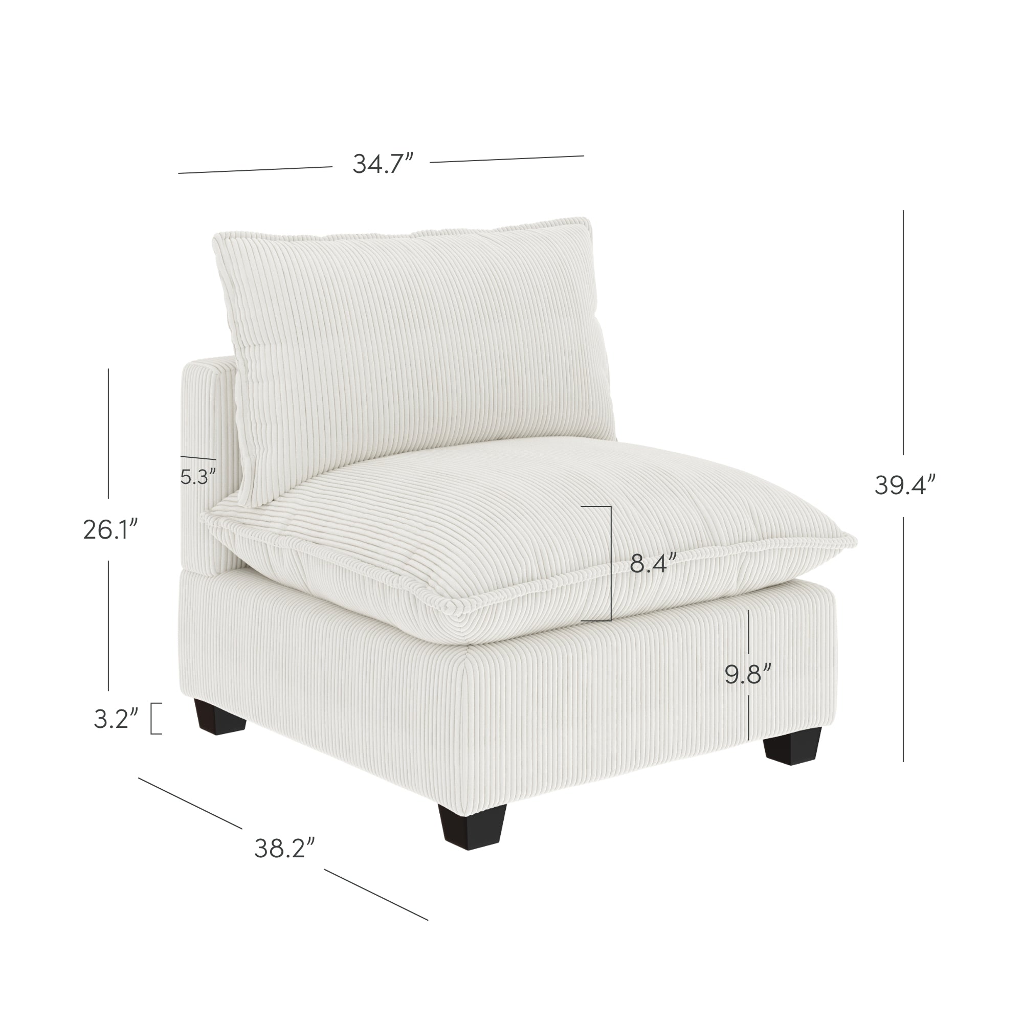 White armless accent chair with plush cushions and light vertical stripes, shown with dimensions: 34.7 wide, 38.2 deep, 39.4 tall, seat height 26.1, cushion depth 8.4, cushion height 5.3, and leg height 3.2.