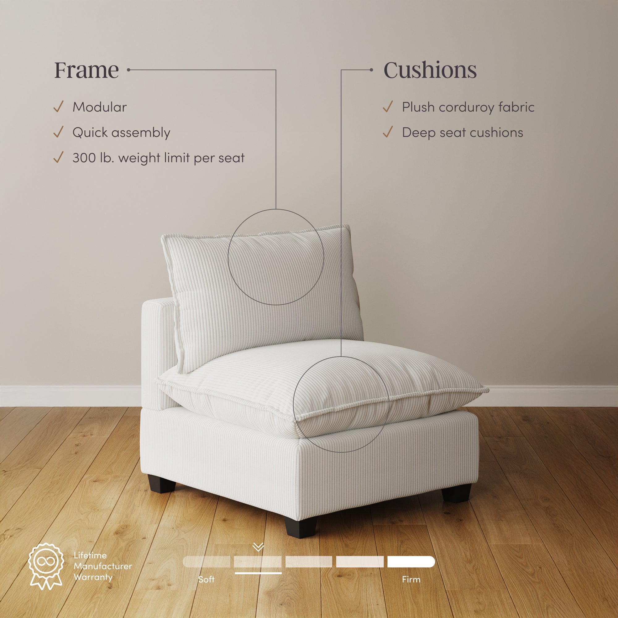 A white modular chair with plush corduroy fabric and deep seat cushions is set against a plain wall on a wooden floor. Text highlights features like modular frame, quick assembly, 300 lb weight limit, and cushion firmness.