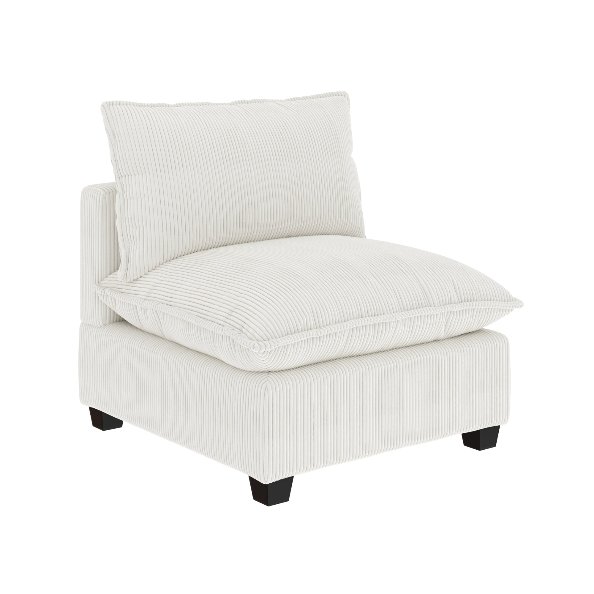 A plush, armless accent chair with white corduroy upholstery, featuring a large back cushion and wide seat cushion, supported by short black wooden legs.