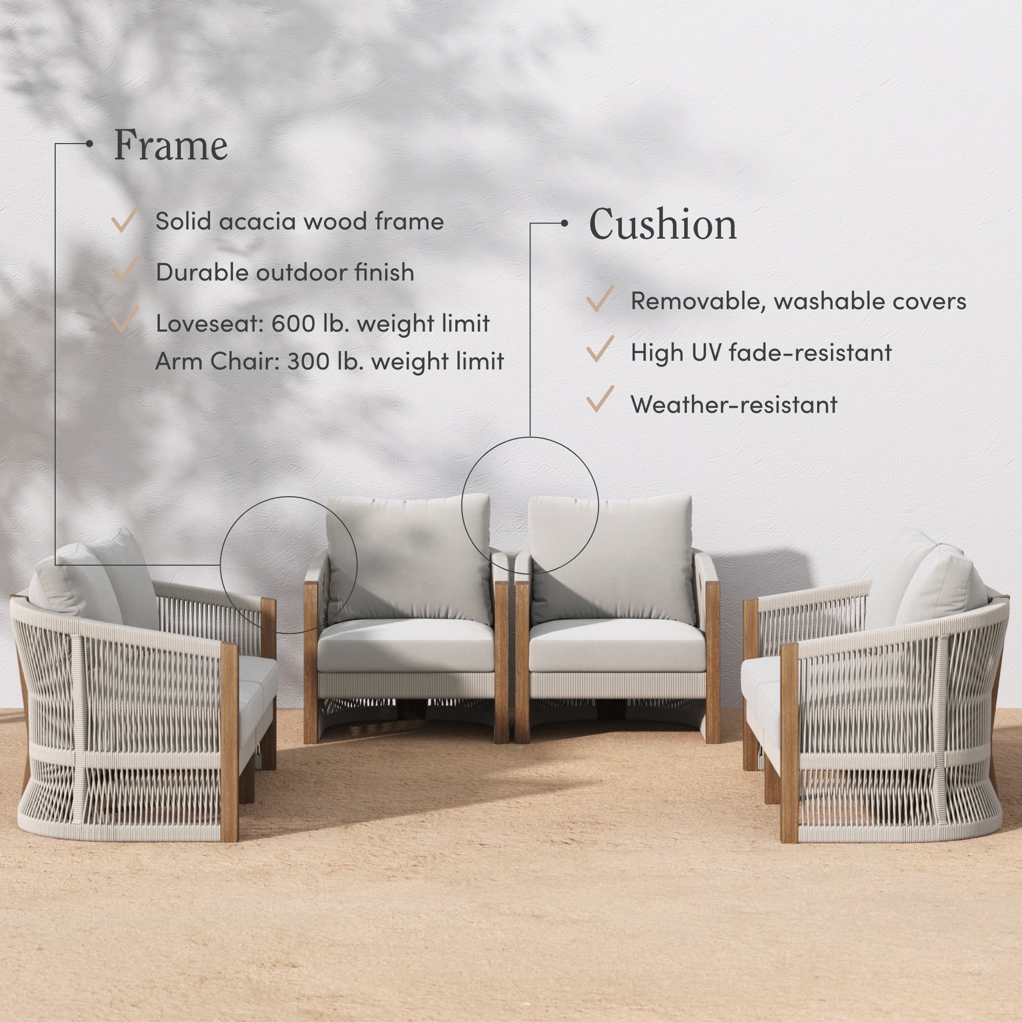 Outdoor patio set with acacia wood frame and light cushions. Text highlights features: solid frame, weight limits (loveseat 600 lb, arm chair 300 lb), washable/removable UV-resistant covers, durable and weather-resistant.