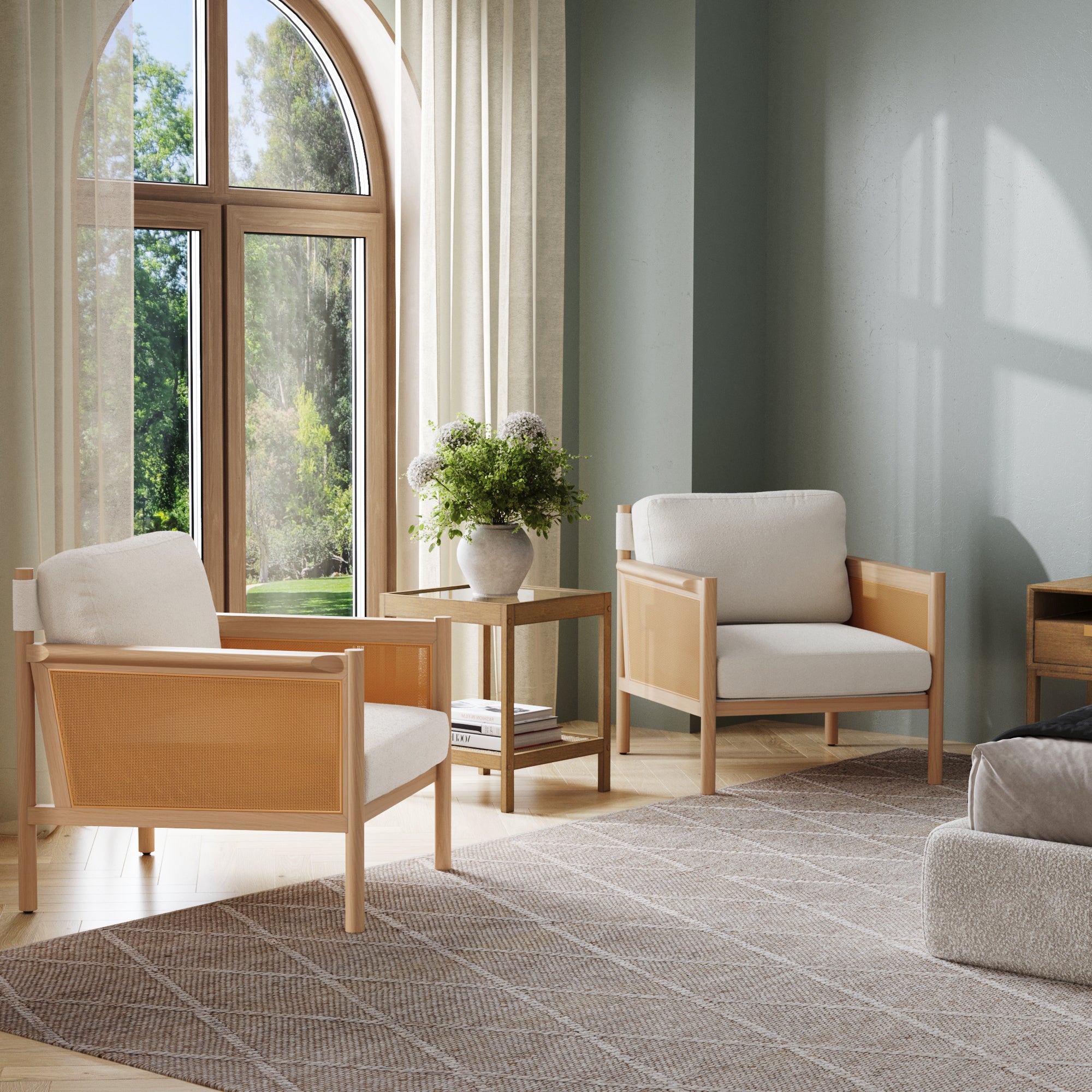 Solid Wood Boucle Accent Chair Rattan Arm Cream/Raw Oak (Set of 2)