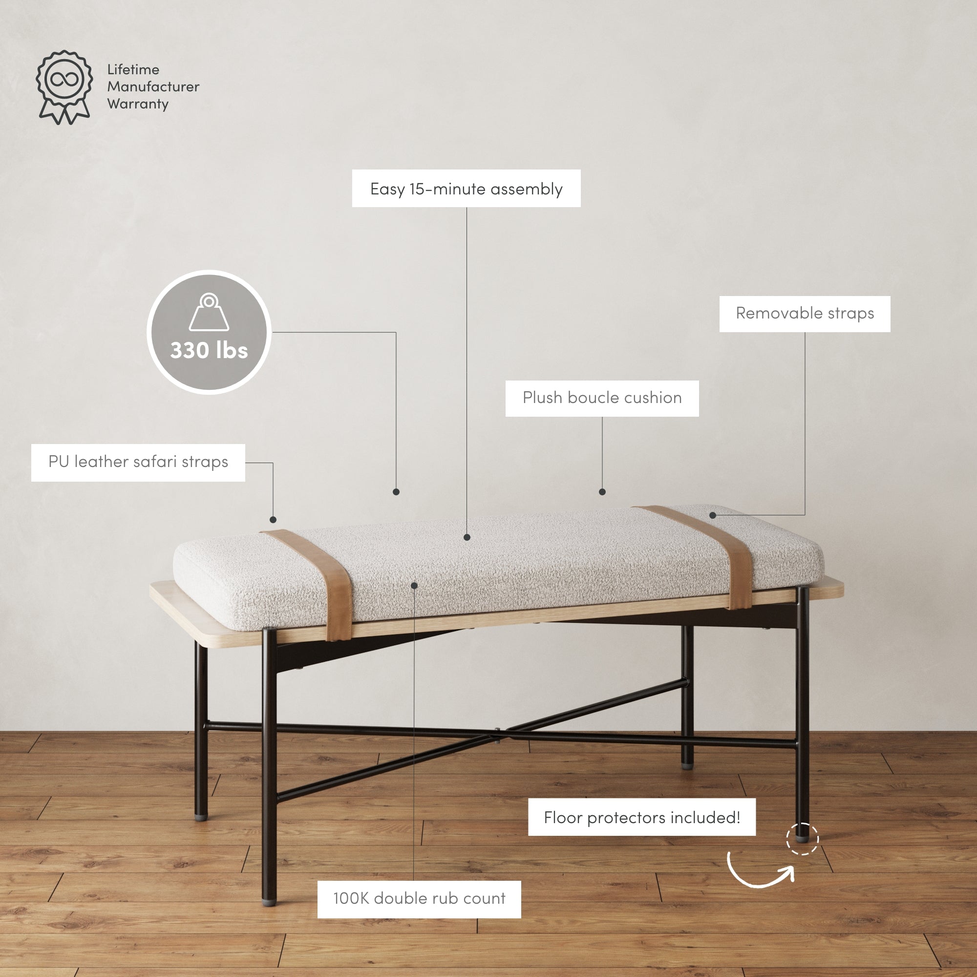 Boucle, Wood & Metal Removable Cushion Bench - Nathan James